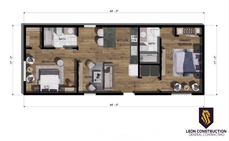 Floor plan of a 44 by 17 foot apartment with two bedrooms, two bathrooms, kitchen, and living area. Branding for Leon Construction is visible.