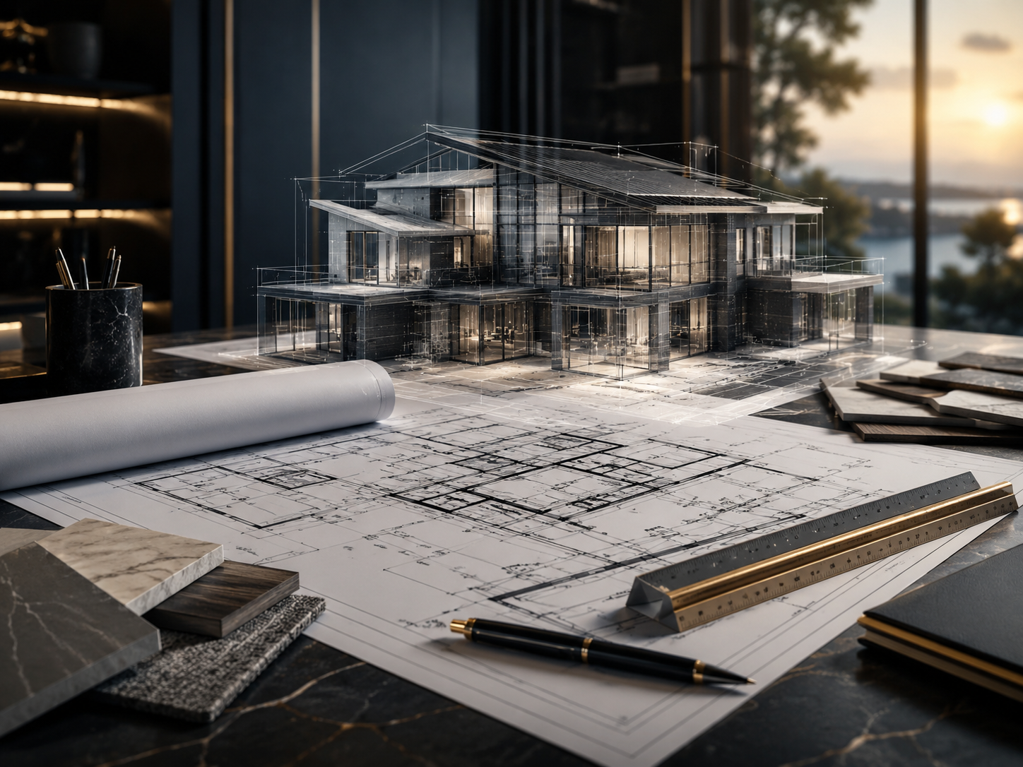 Architectural blueprint and a detailed scale model of a modern multi-story house on a table, with design materials and a sunset view outside the window.