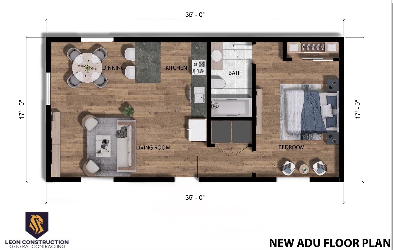 Floor plan of a new ADU, showing dimensions 35 by 17 feet, includes a living room, dining area, kitchen, bathroom, and bedroom. "Leon Construction General Contracting" logo present.