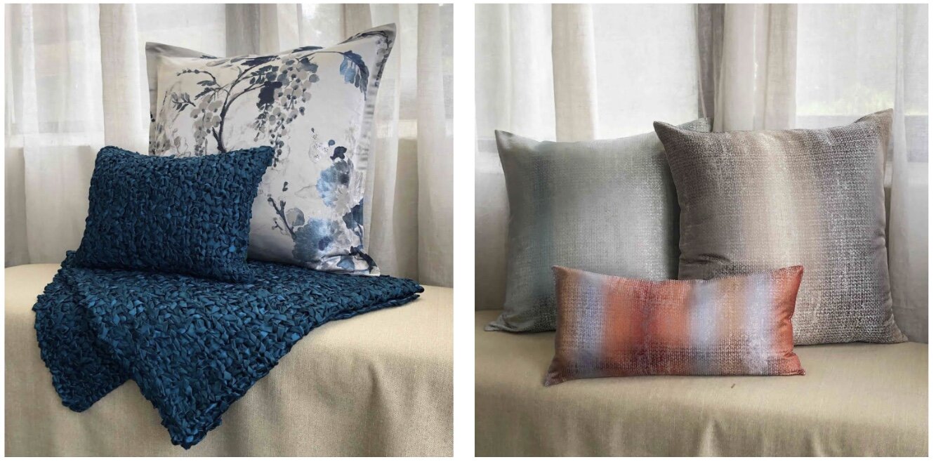 All of Ann Gish’s new fall introductions are machine washable. Shown here, Jardin Fleur (left) and Anguilla.