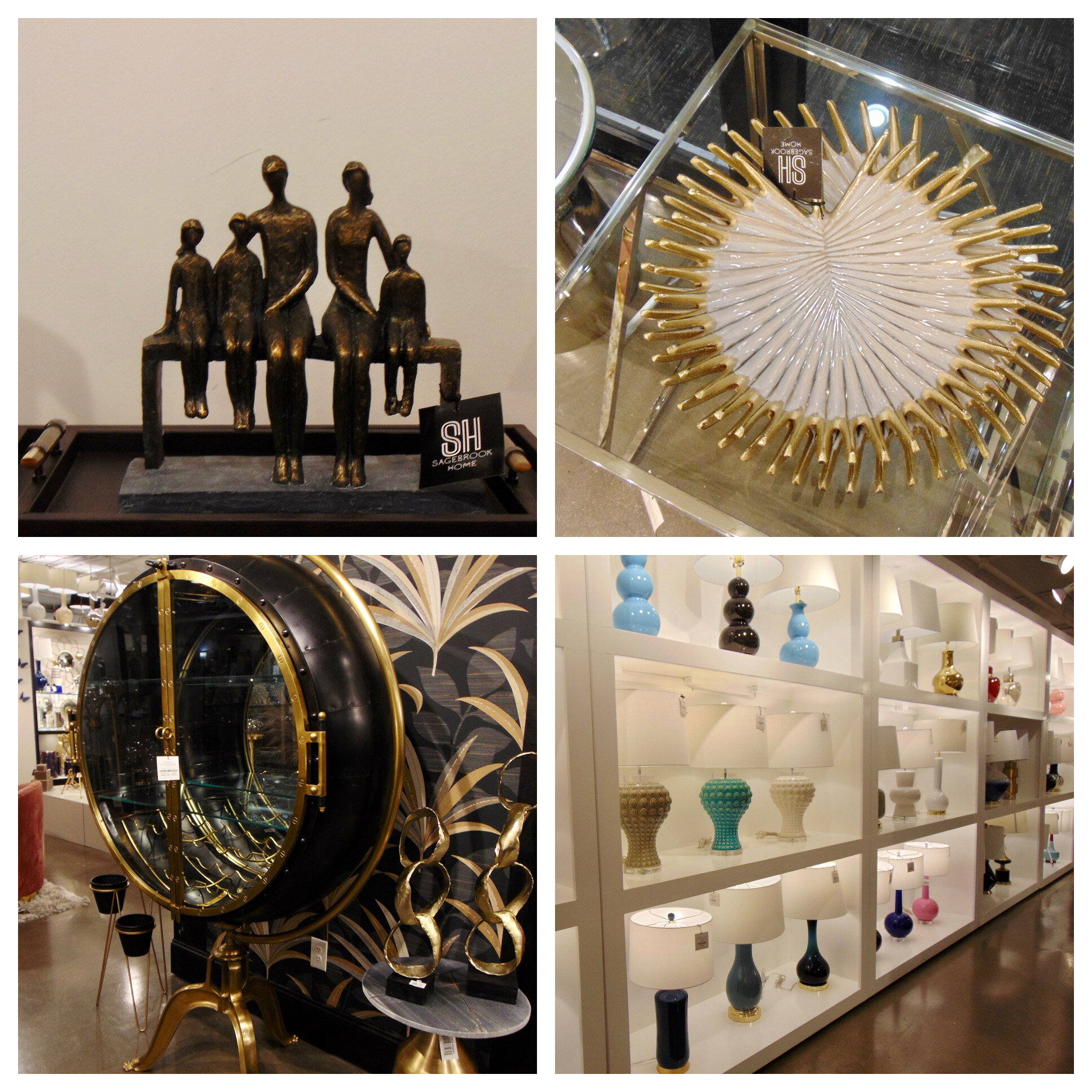 Clockwise, from top left. Summer intros and best-sellers at Sagebrook Home include family-themed metal sculptures and figurines, decorative metal leaf trays, Sagebrook’s “wall of lamps,” and  Nautical metal and glass bar cabinet, 78” high.   - 