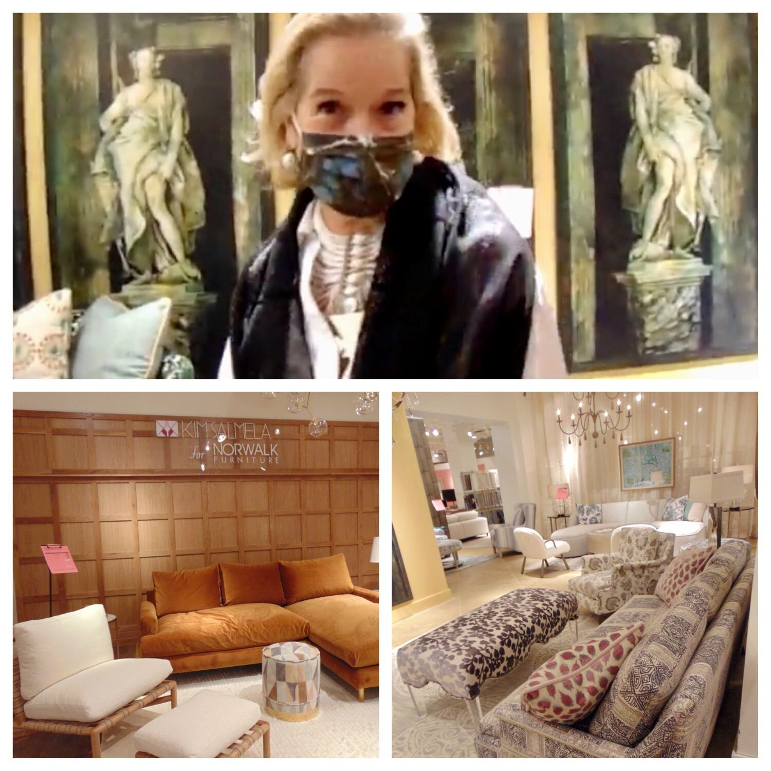 Norwalk Furniture President Caroline Hipple in the High Point showroom’s “green envy” vignette, illustrated by a wall of original panels painted by artist/designer Jackie Von Tobel. Norwalk’s fall color stories include a dusty lavender, lichen and slate mix, and warm caramel tones. -