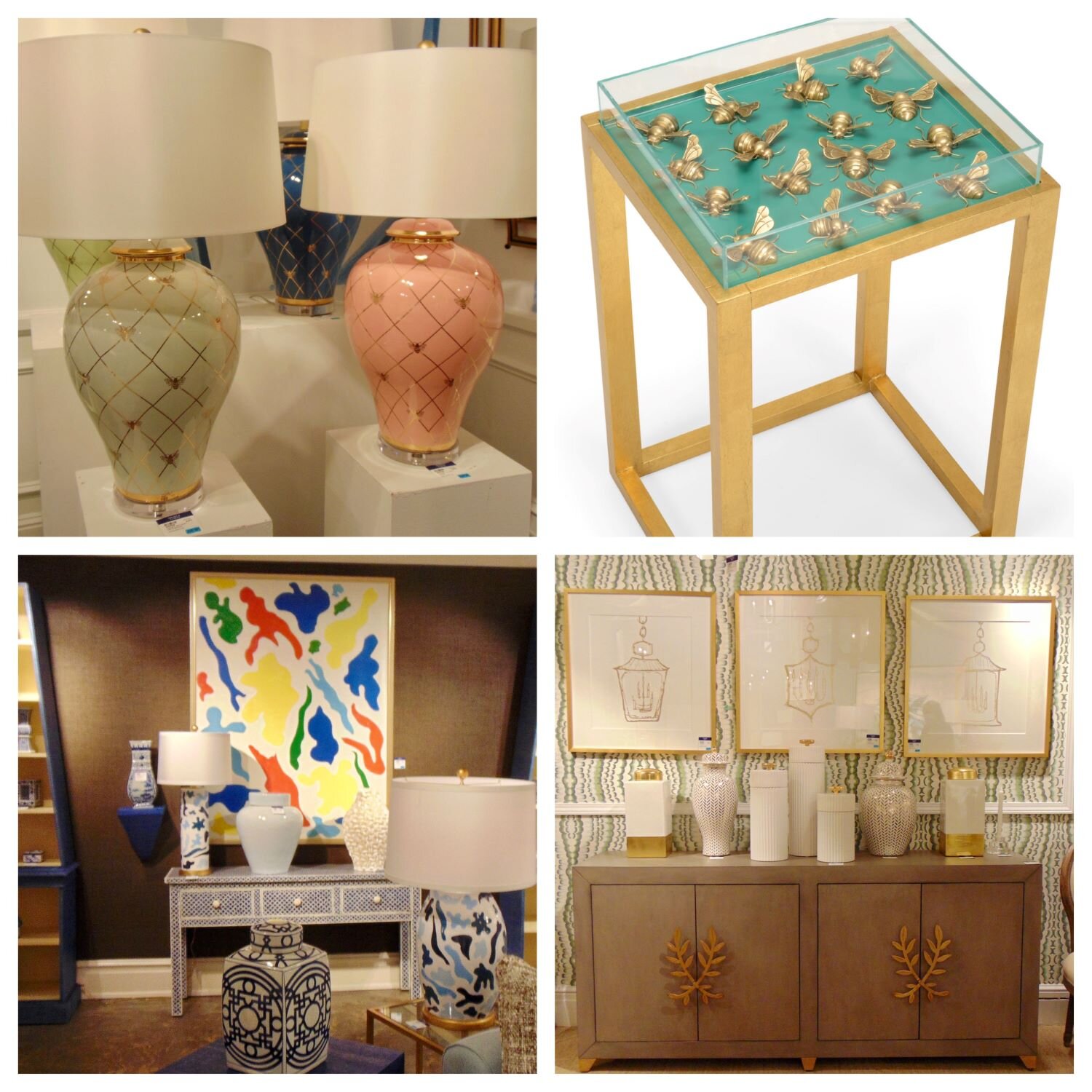 Clockwise, from top left, Royal Bee ginger gar lamp and Flutter side table, both from the new Shayla Copas Collection; new additions to the Claire Bell and Jamie Merida collections for Chelsea House.    - 