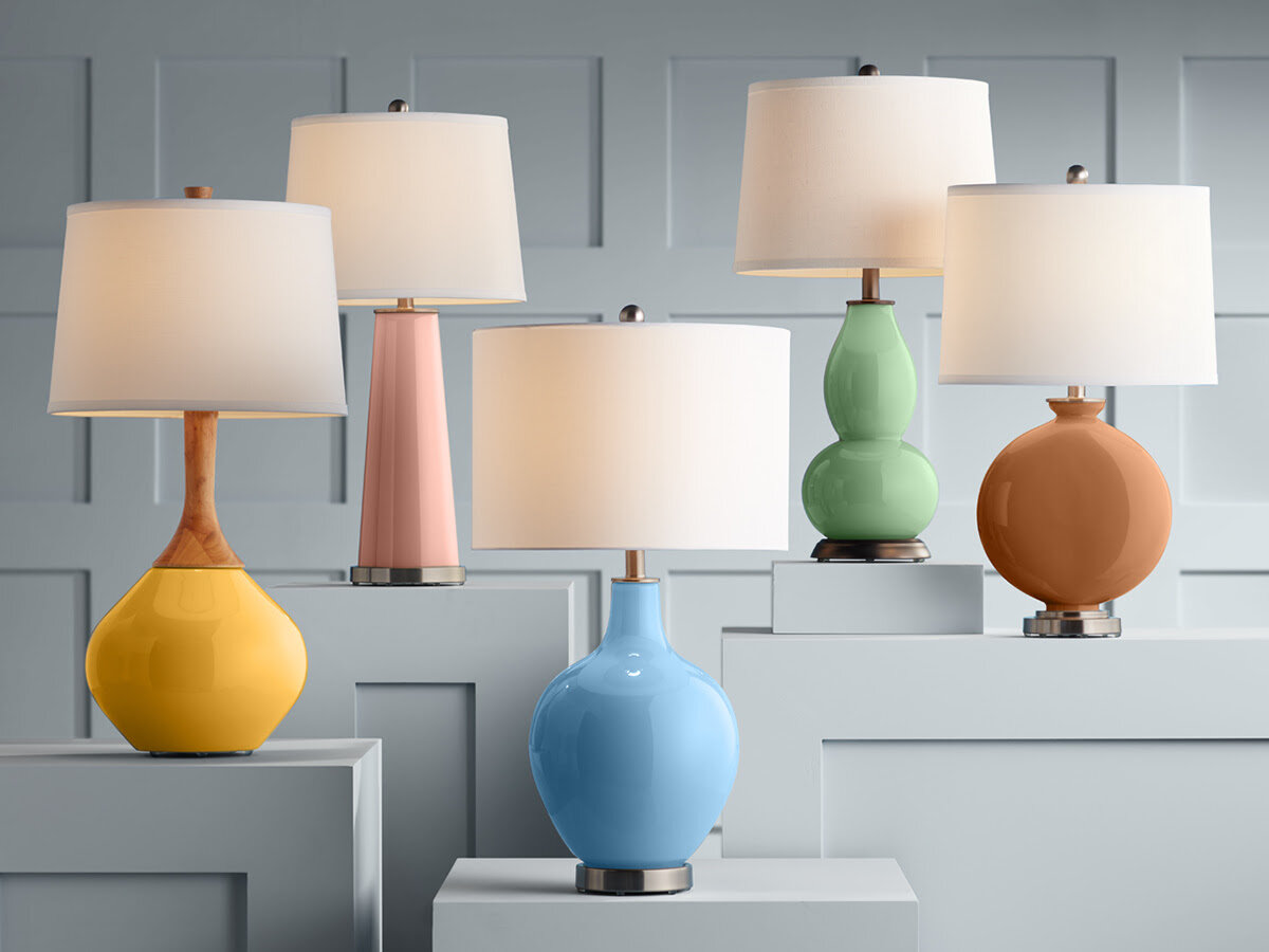 Color Plus lamps in five colors from the upcoming Dunn-Edwards 2021 Color and Trends Report. From left: Marigold, Rustique, Wild Blue Yonder, Flower Stem and Burnt Almond.