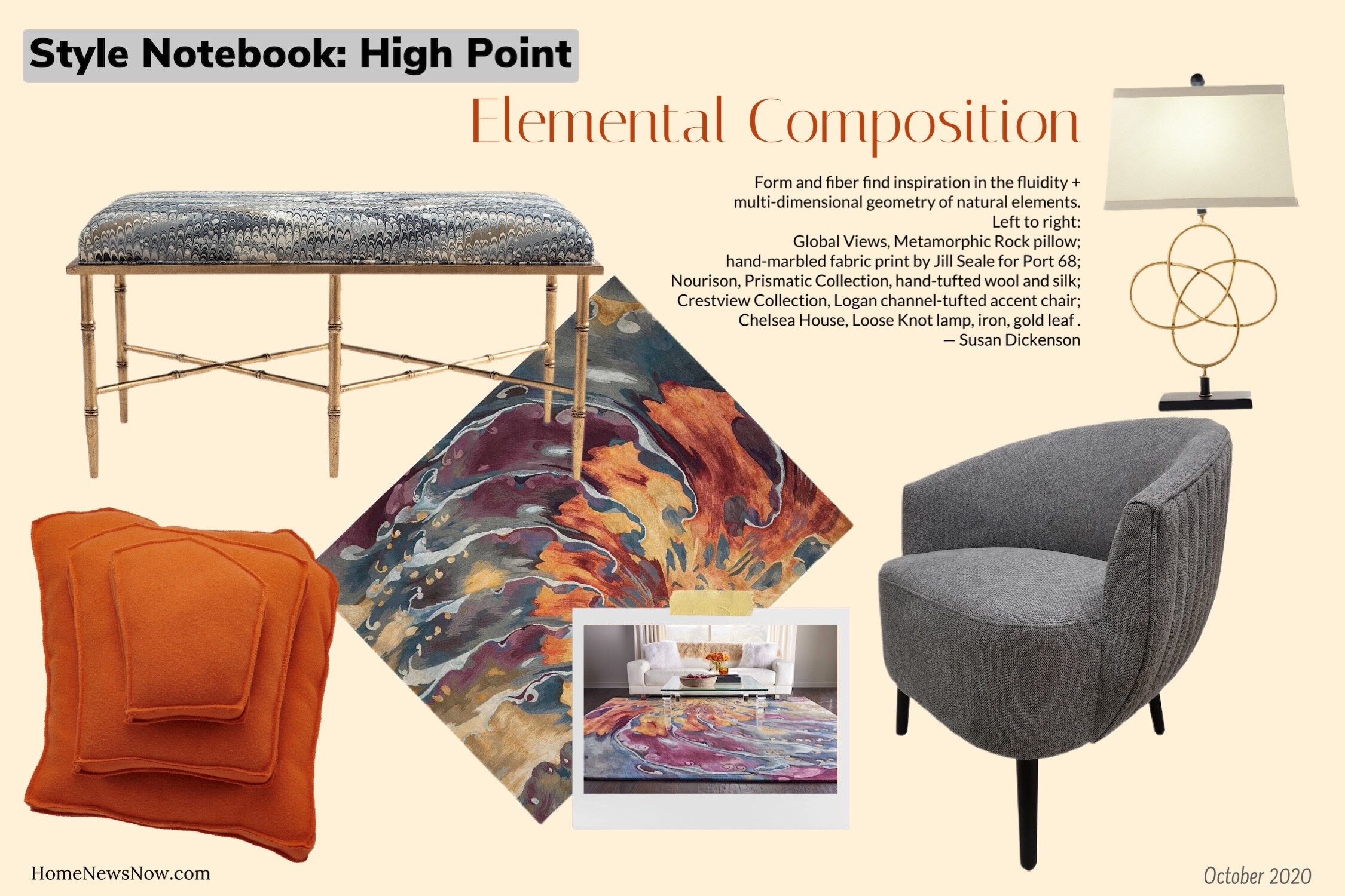 Left to right: Global Views, Metamorphic Rock pillow; Jill Seale for Port 68; Nourison, Prismatic Collection, hand-tufted wool and silk; Crestview Collection, Logan accent chair; Chelsea House, Loose Knot lamp.