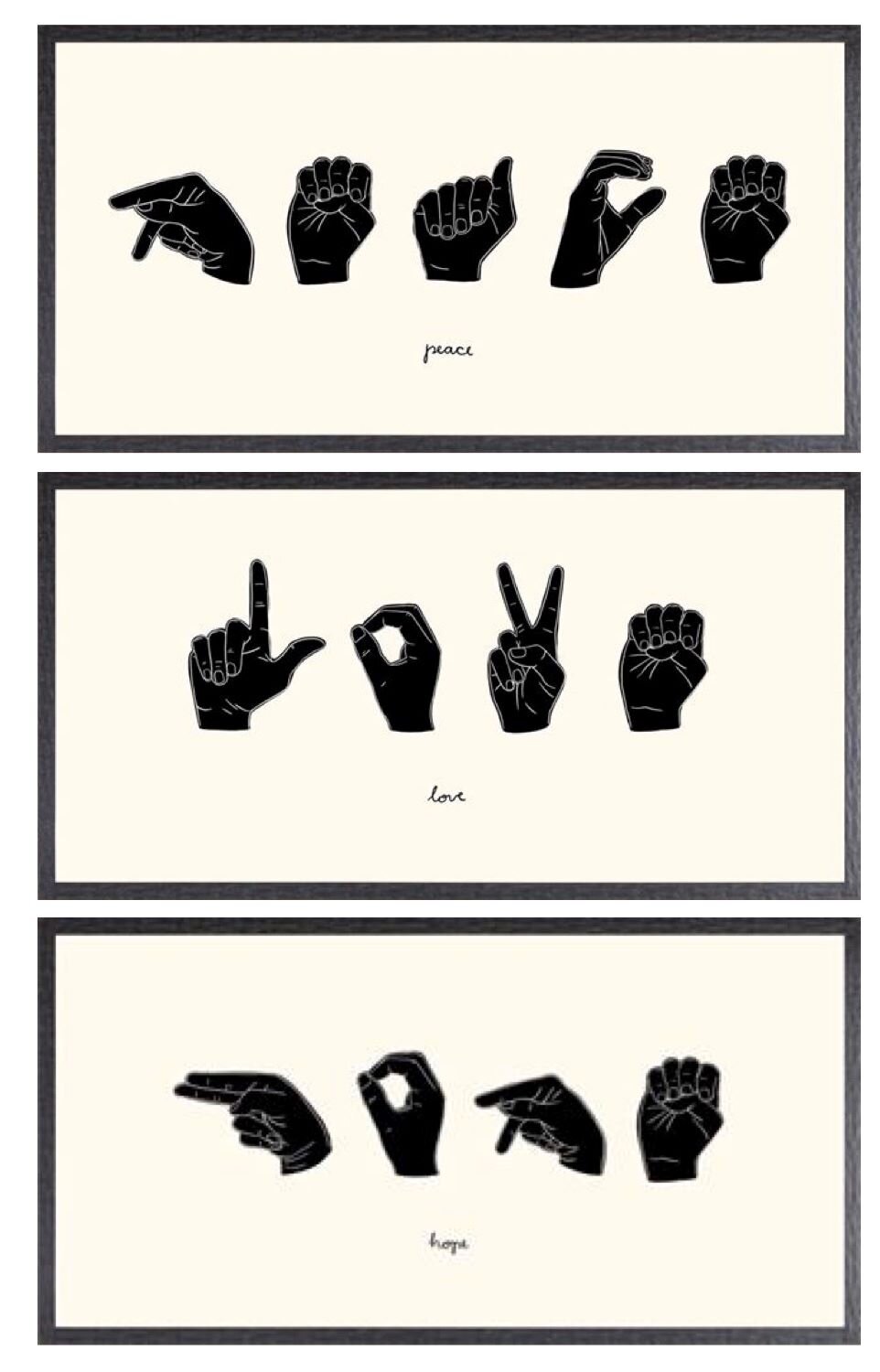 Sign Language silhouettes by Emma Scarvey, 25”x13”, Celadon Art. 