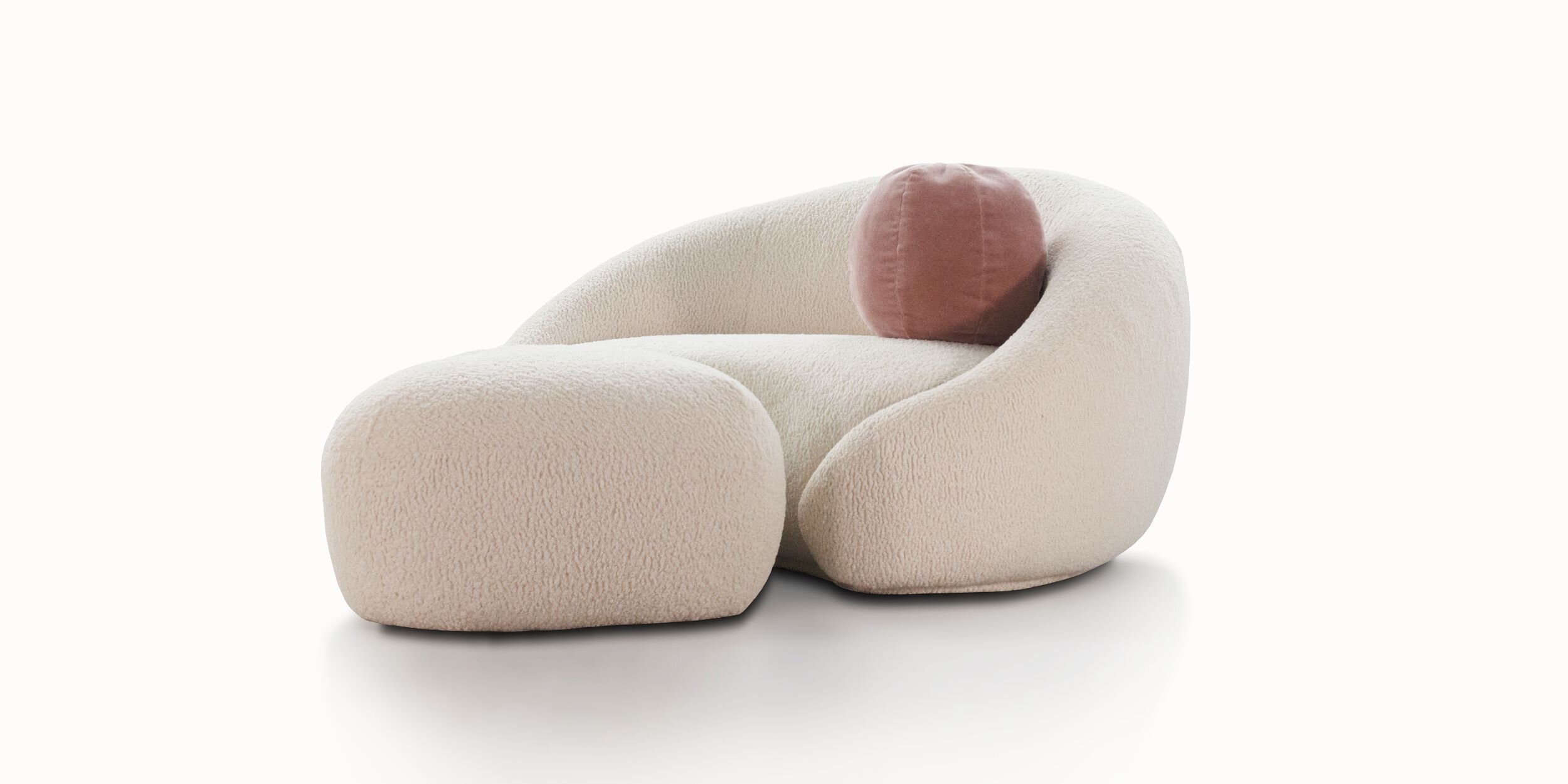 Cuddle chair and sweetheart (heart-shaped) ottoman, faux sheepskin, from the Embrace Collection, Nathan Anthony.