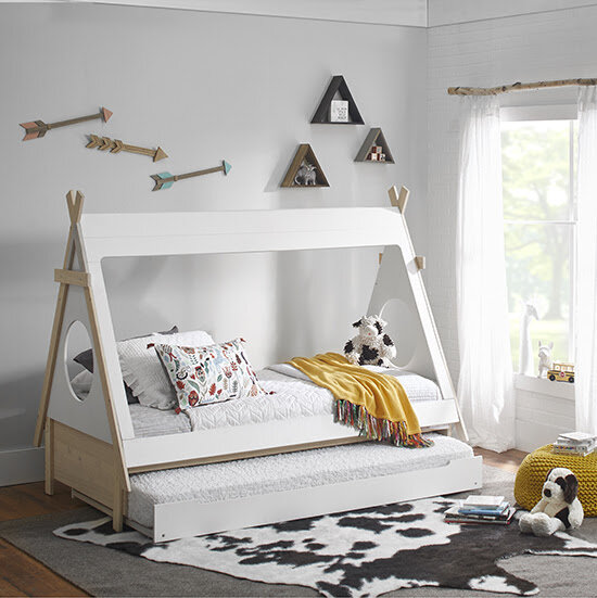 Furniture, case goods: &nbsp;Dream of starry skies and outdoor adventures in the&nbsp; Ti Amo Sierra Tee Pee Bed and Trundle by Bivona &amp; Co. &nbsp;Children’s imaginations will be stirred and inventive play will abound with the charming tent-shaped bed. The Sierra Bed fits two standard twin-size mattresses, one for the bed and one for the trundle making sleepovers extra fun and comfortable. (Suites at Market Square - G-7054, Ground)