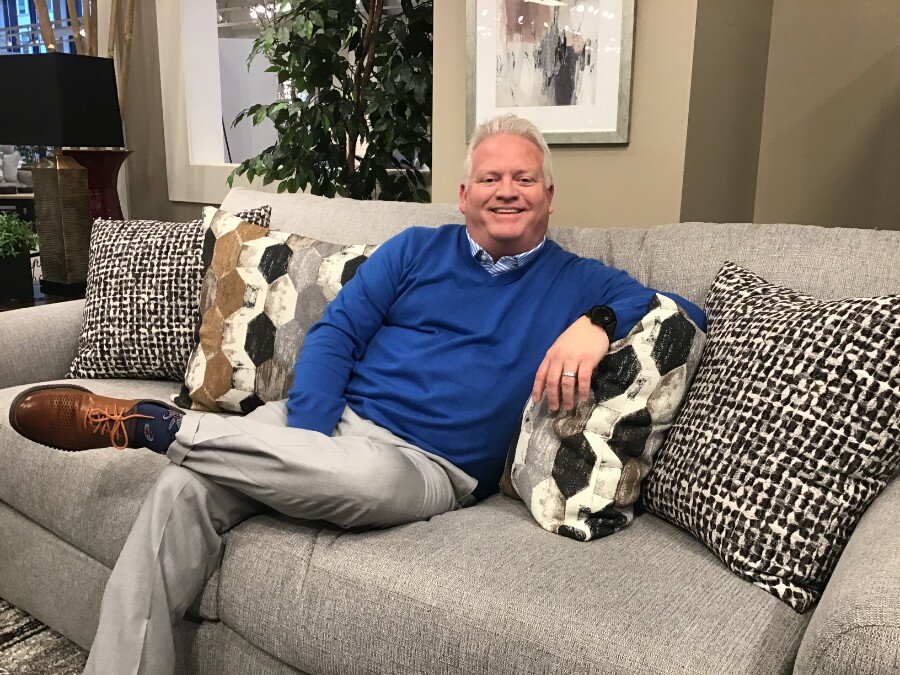 Jackson Furniture’s Anthony Teague on the new Hooten two-over-two casual contemporary sofa that could retail for $699 and be promoted for $599 at a healthy margin. It ships this spring from all plants.