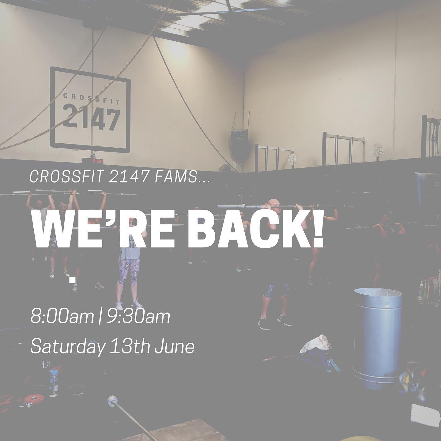 We&rsquo;re excited to kick off our first classes back at the gym!

On Saturday 13 June, we will be running a 8:00am and 9:30am class capped at 10 people per class.

Wodify will be open for reservations on Thursday 11 June - 36 hours before the class