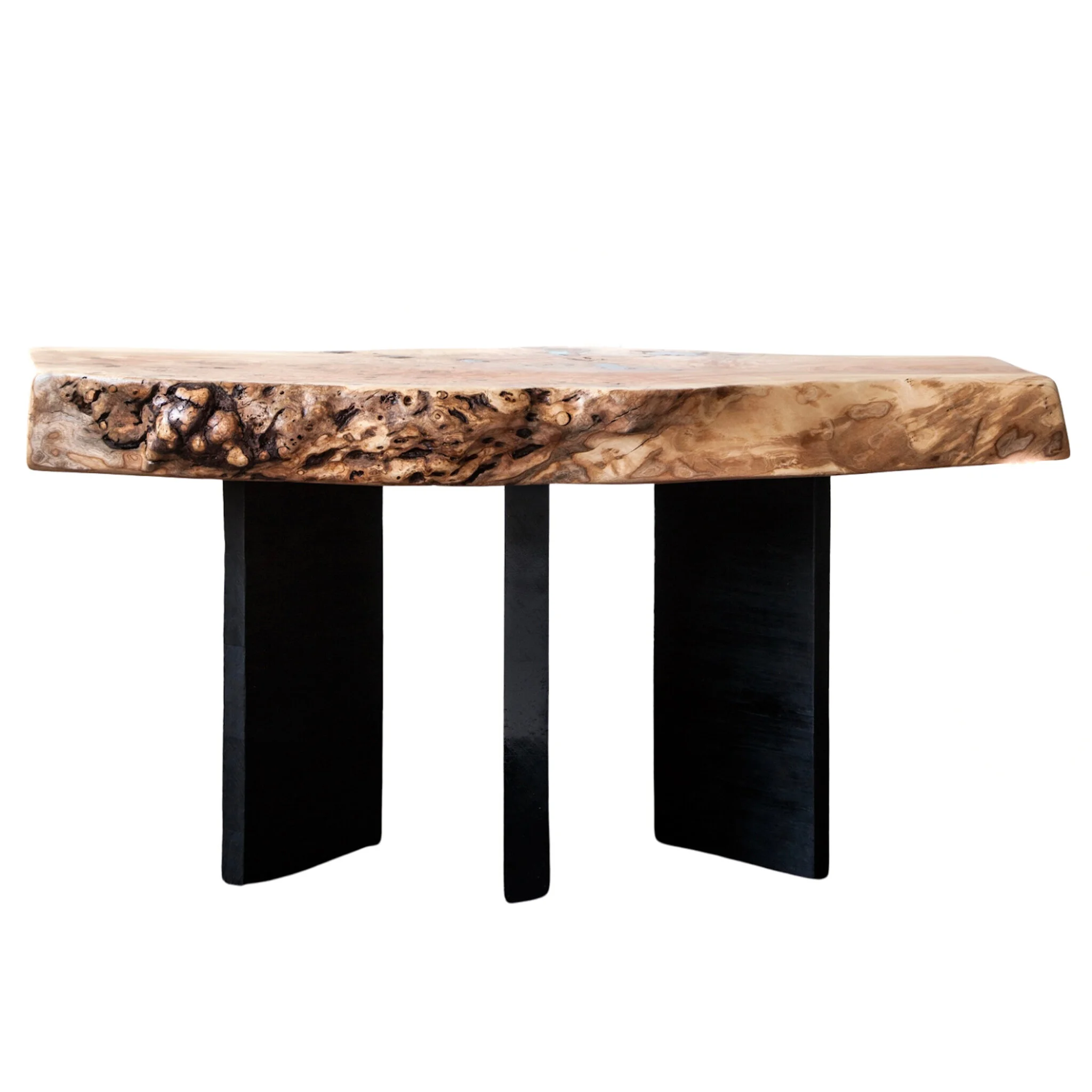 Cherry blossom burl bench with ebonized wood legs and resin inlay