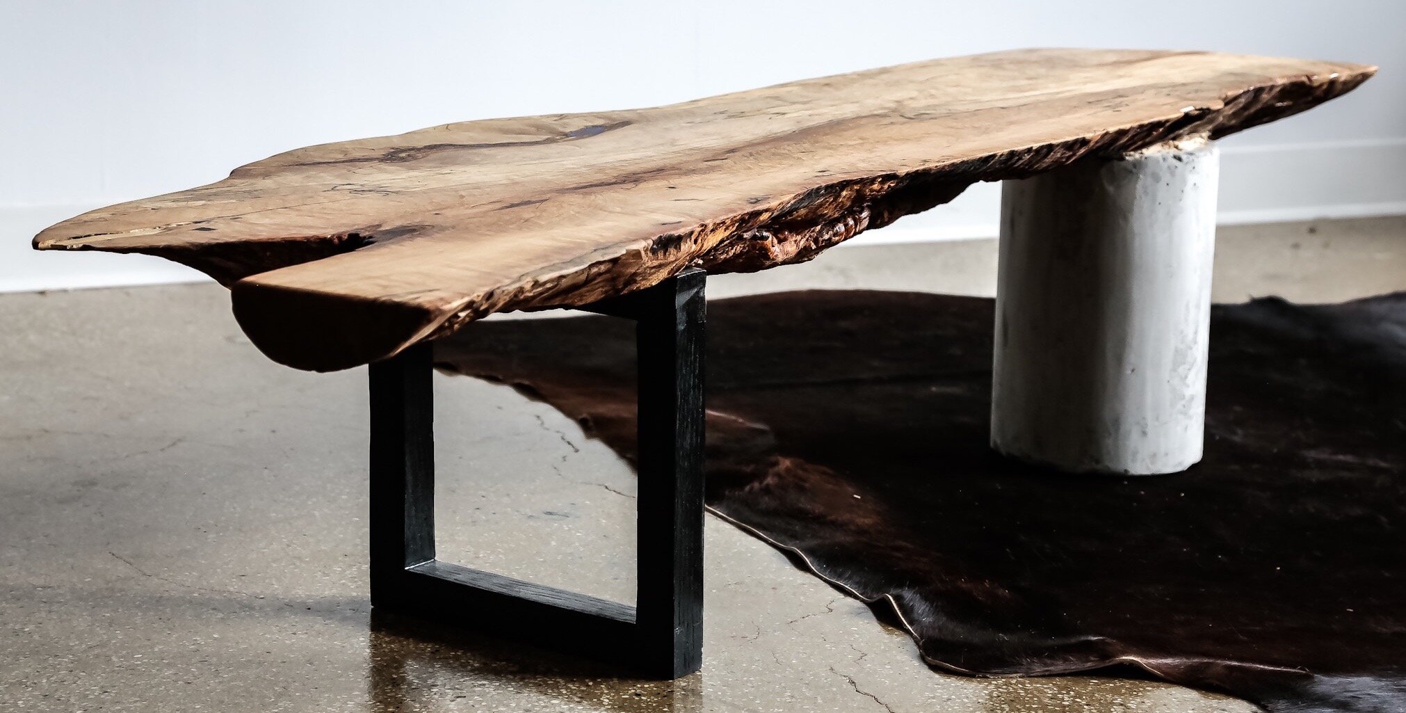 Spalted maple end cut bench with ebonized oak and concrete legs