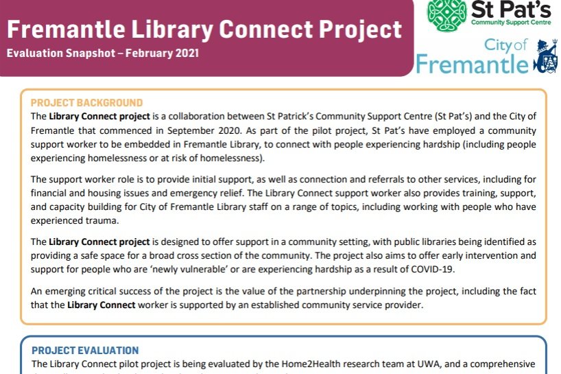 Fremantle Library Connect Project. Evaluation Snapshot.