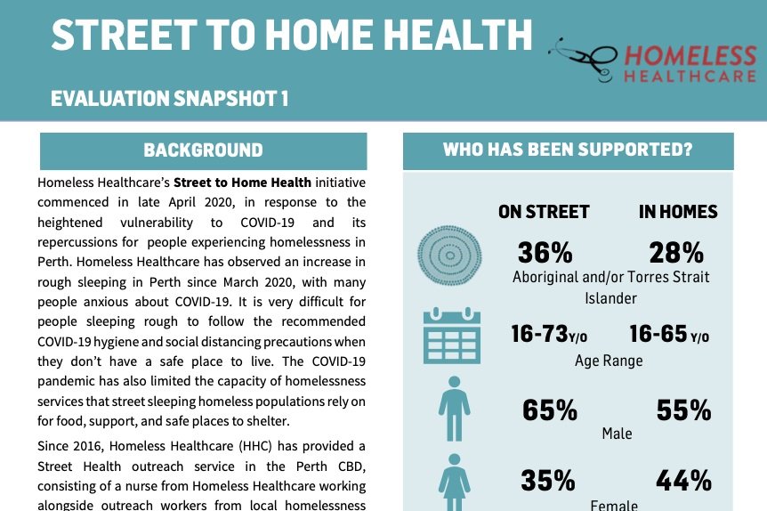 Homeless Healthcare: Street Home to Health. Evaluation Snapshot 1.