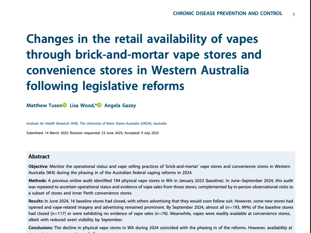 Changes in the retail availability of vapes through brick-and-mortar vape stores and convenience stores in Western Australia following legislative reforms