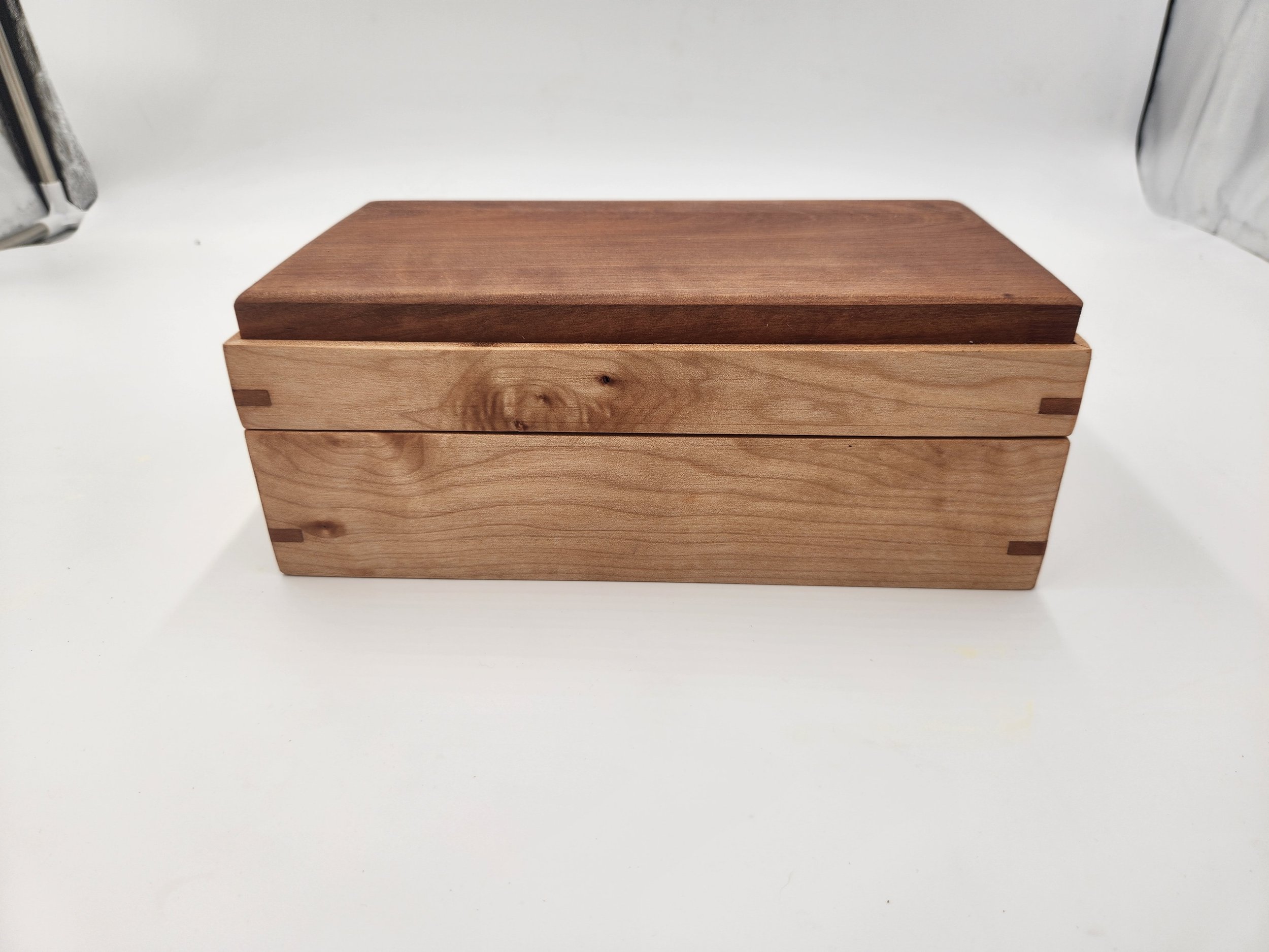 Decorative mitered box with brass hinges, Big Leaf Maple, with Madrone inset hinged lid.