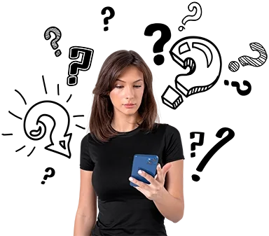 Femme consultant son smartphone, entourée de points d’interrogation, illustrant les doutes face aux promesses de perte de poids et au Morosil sur les réseaux sociaux, notamment TikTok.