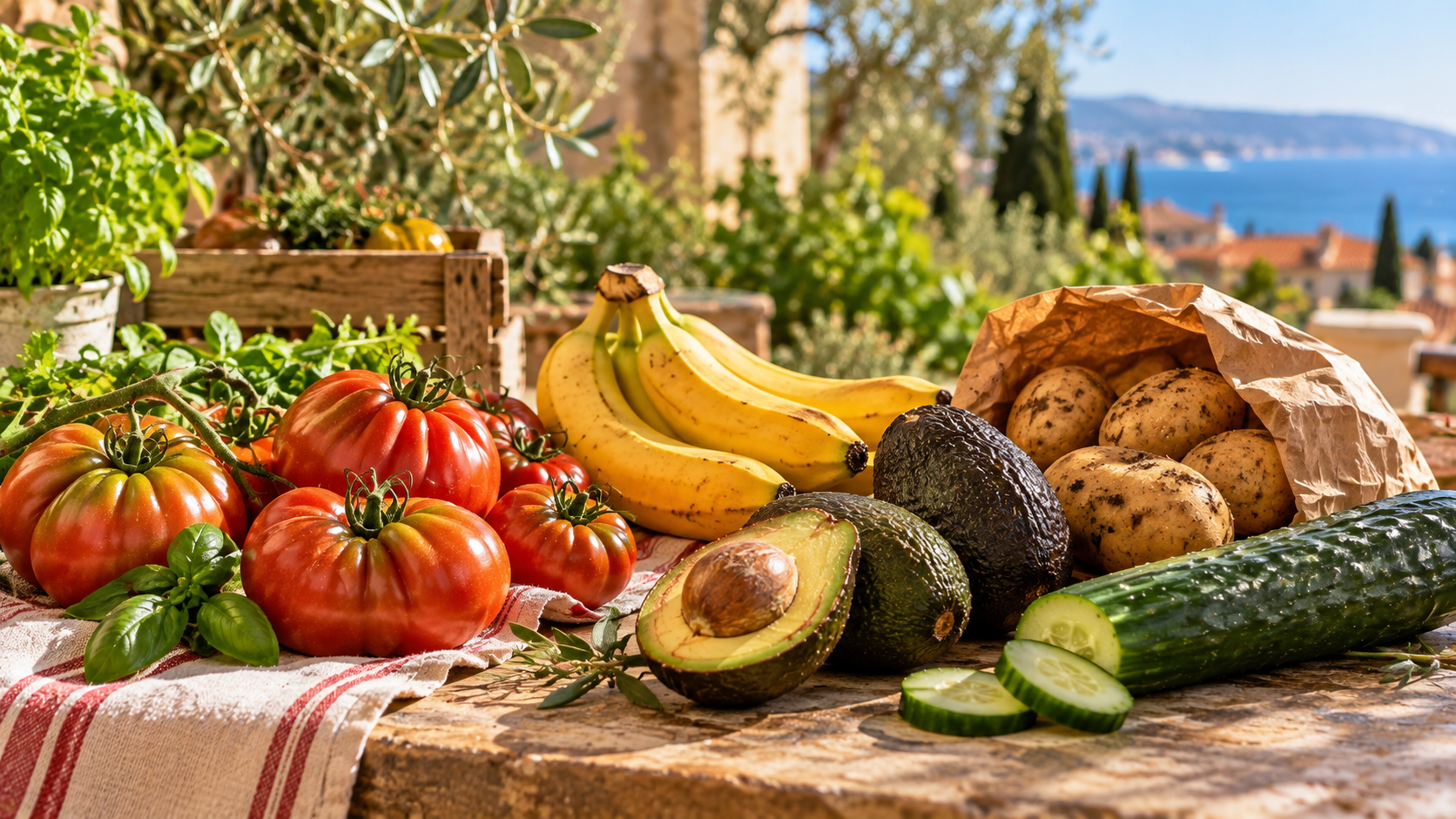 Tomates, bananes, avocats, pommes de terre et concombre disposés sur une table dans un décor méditerranéen.