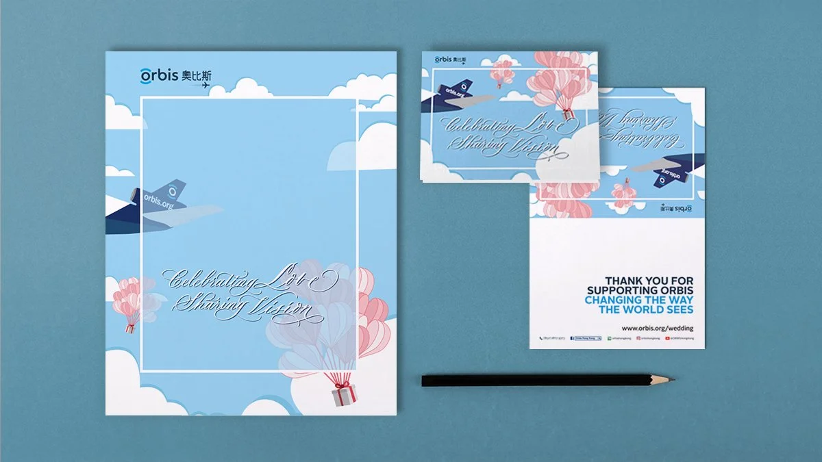 緍禮賀禮捐贈證書及感謝咭設計 Wedding Gift Donation Certificate & Thank you Card Design｜客：香港奧比斯 Orbis Hong Kong｜設：Joe C. (PoDs)｜圖(關鍵視覺)：Joe C. (PoDs)｜字：客戶提供