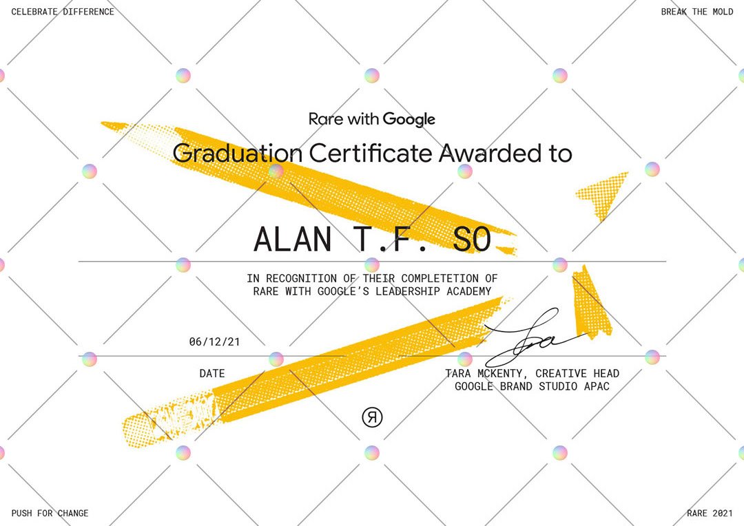 A digital graduation certificate awarded to our Design Director, recognising completion of Google's Leadership Academy, dated 06/12/21, signed by Google Brand Studio APAC.