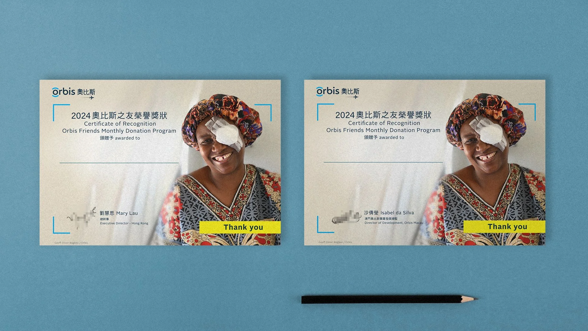 獎項證書設計 Awards & Certificate Design｜客：香港奧比斯 Orbis Hong Kong｜製：PoDs｜圖：Geoff Oliver Bugbee  (客戶提供)