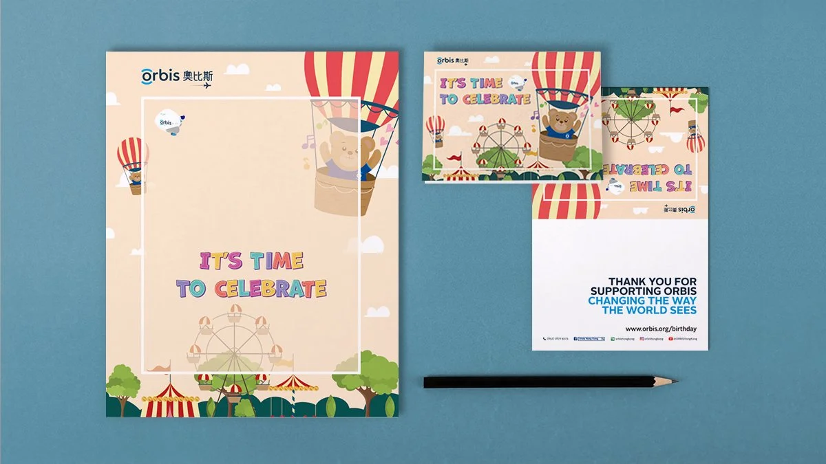生日禮物捐贈證書及感謝咭設計 Birthday Gift Donation Certificate & Thank you Card Design｜客：香港奧比斯 Orbis Hong Kong｜設：Joe C. (PoDs)｜圖(關鍵視覺)：Joe C. (PoDs)｜圖(熊仔)：客戶提供