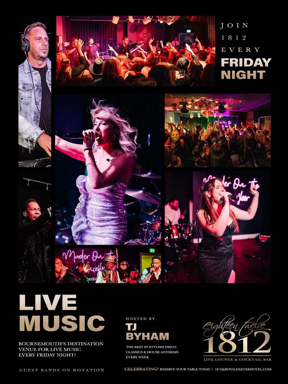 Friday night live music and DJ entertainment at 1812 Lounge Bar & Restaurant in Bournemouth.