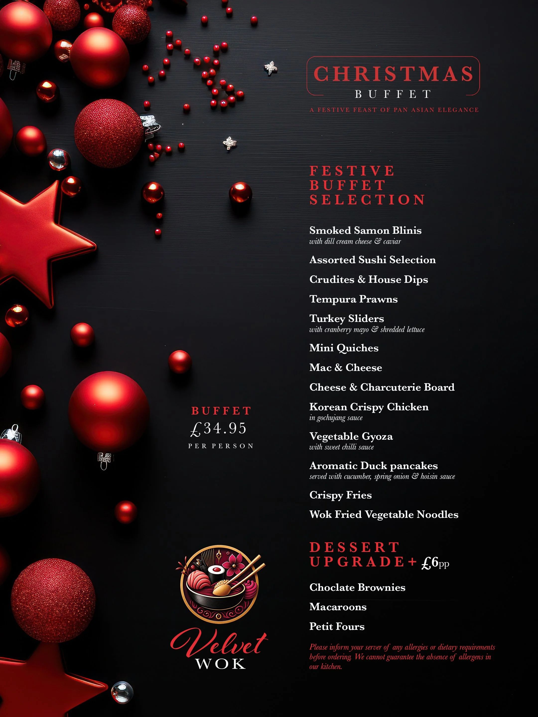 Velvet Wok Christmas buffet menu at 1812 Lounge Bar & Restaurant in Bournemouth, featuring festive dishes, sushi, Asian-inspired favourites and desserts.