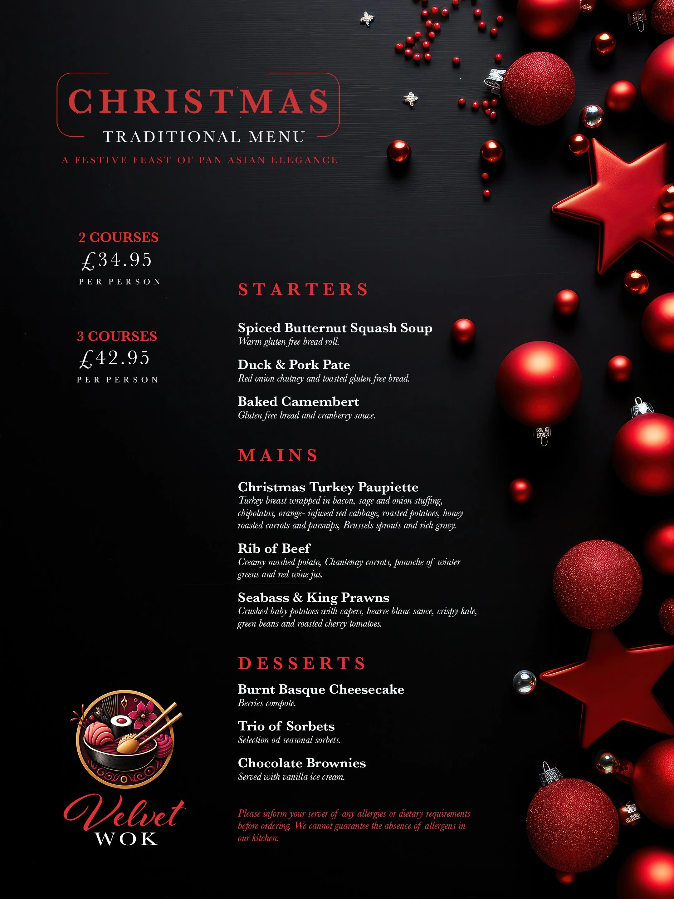 Velvet Wok traditional Christmas menu in Bournemouth, featuring two and three-course festive dining options with turkey, rib of beef, seabass and Christmas desserts.