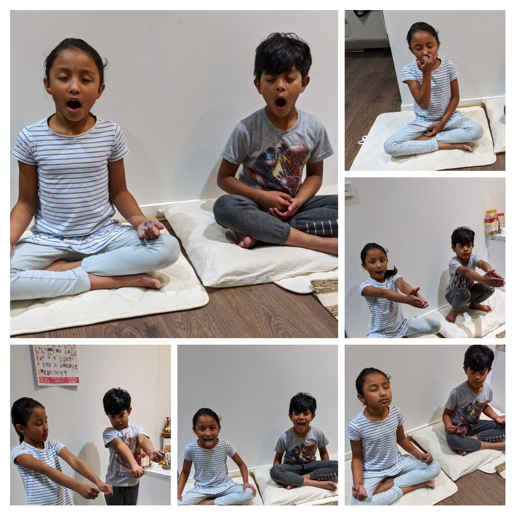 Two children engaged in various yoga poses, including meditation and stretching, sitting cross-legged on cushions indoors, wearing casual clothing.
