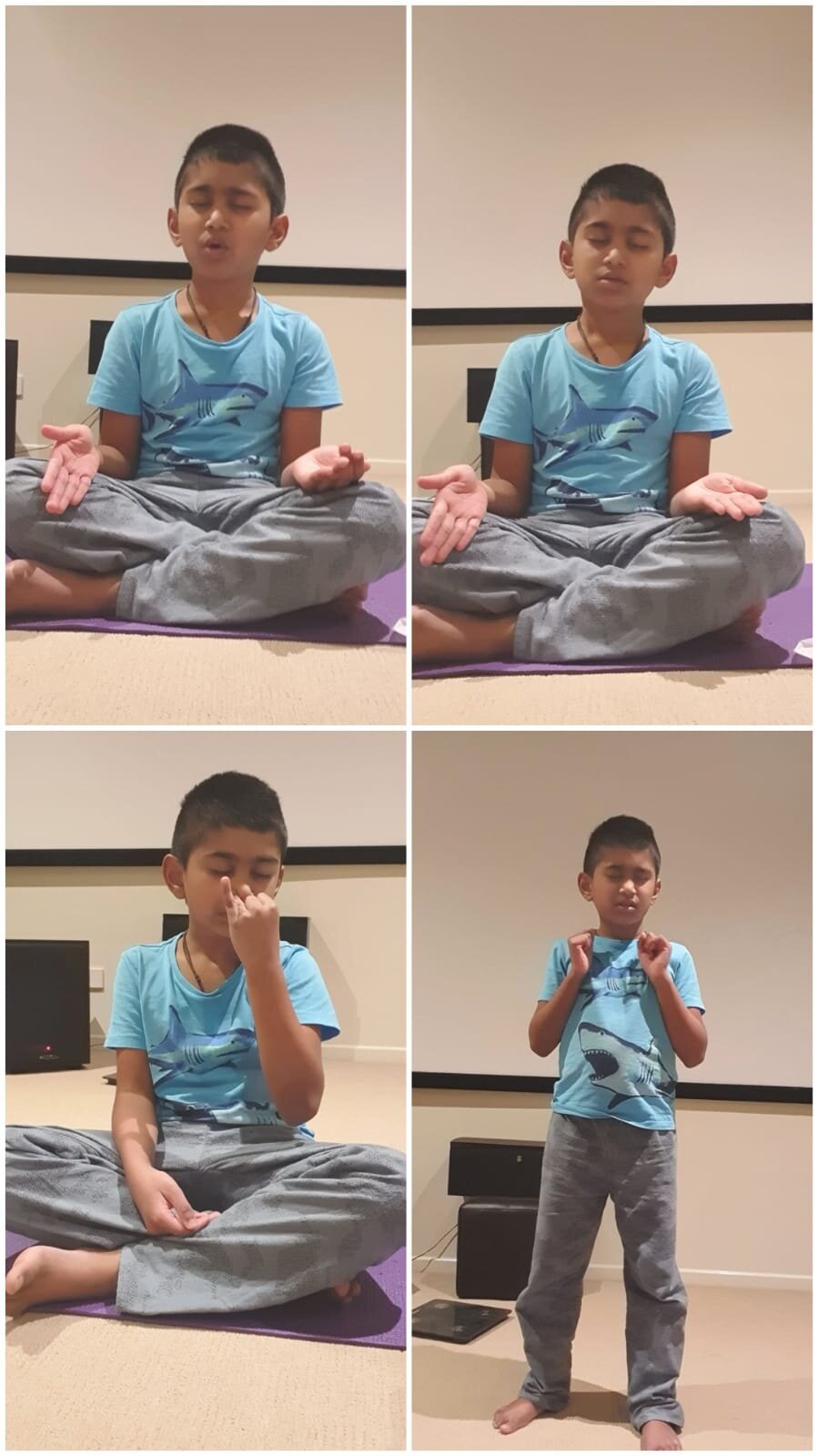 A photo collage showing a child practicing pranayama. The child, wearing a blue shark t-shirt and gray pants, is seated cross-legged on a mat indoors. The first two images show the child with eyes closed and palms open. The third image depicts the ch