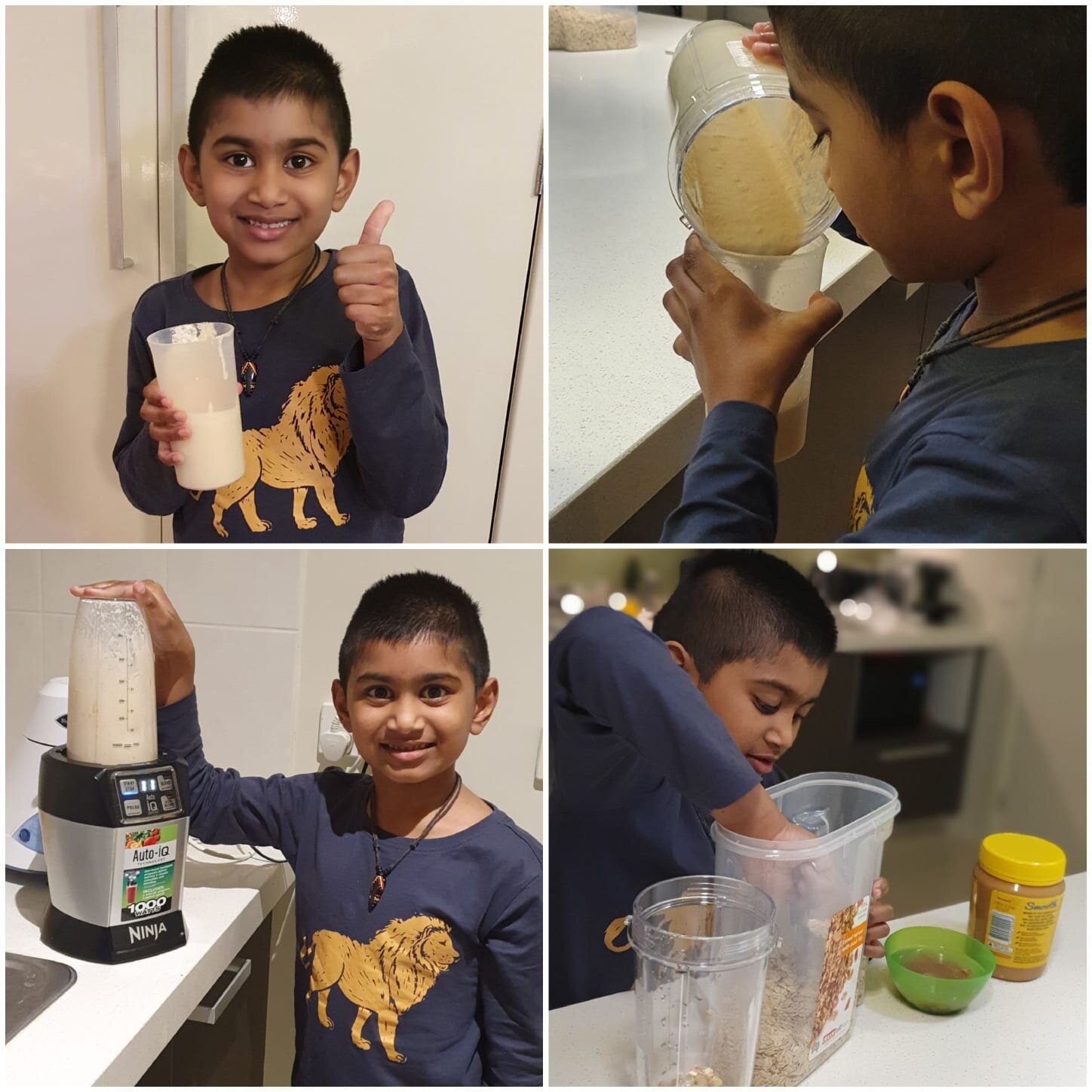Collage of a boy in a kitchen making a smoothie, blending and pouring ingredients, smiling with thumbs up.