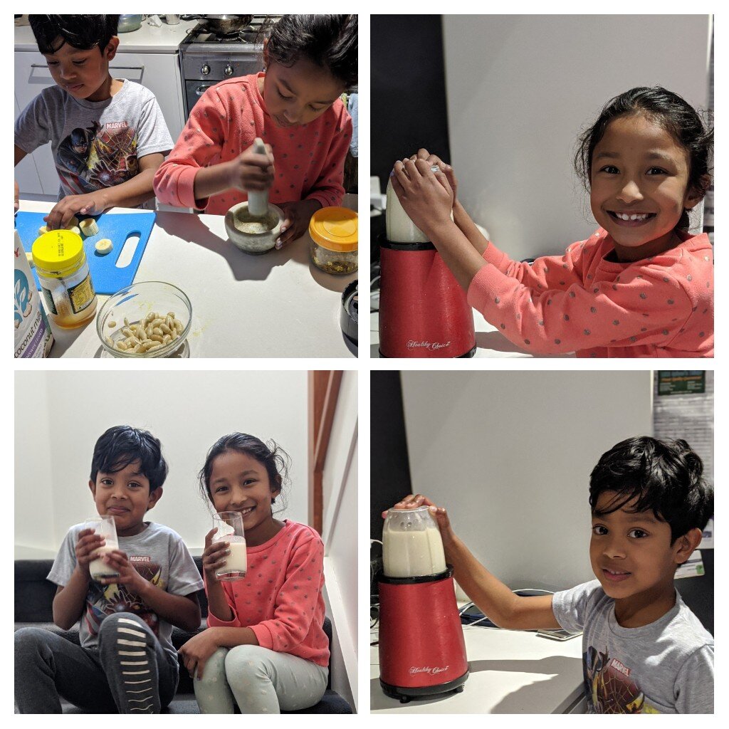 Collage of two children making smoothies or shakes in a kitchen, using a blender and a mortar and pestle.
