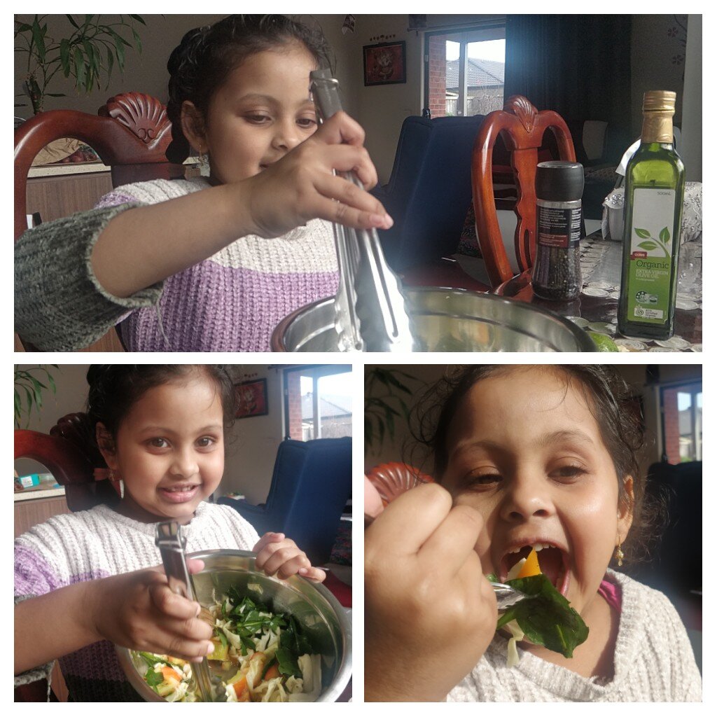 Collage of a young girl in a cozy dining room preparing and eating a salad. She uses tongs to mix ingredients in a bowl, including greens and vegetables. A bottle of olive oil and pepper grinder are visible on the table.