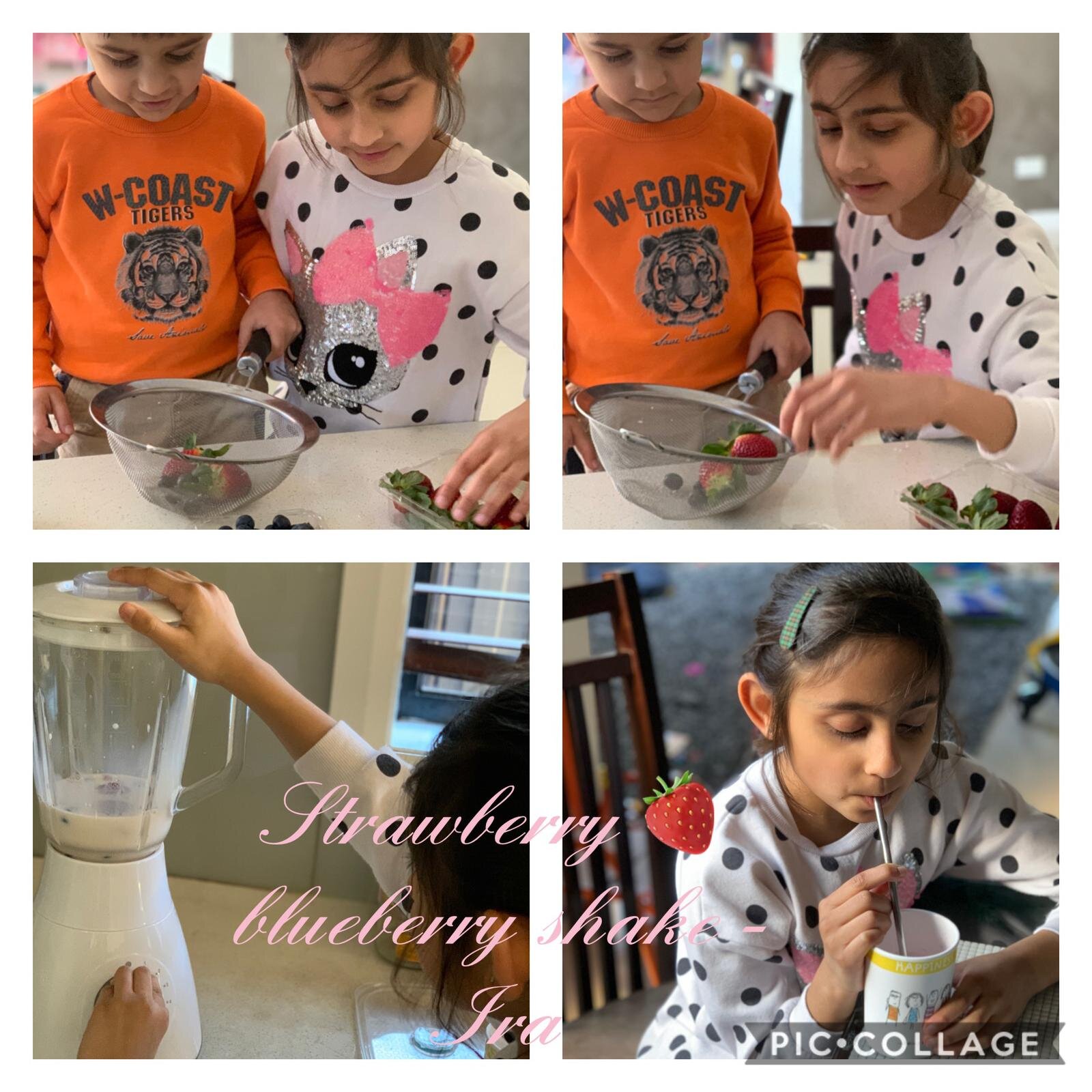 Children preparing strawberry blueberry shake, washing berries in a bowl, blending ingredients in a blender, and drinking the shake.
