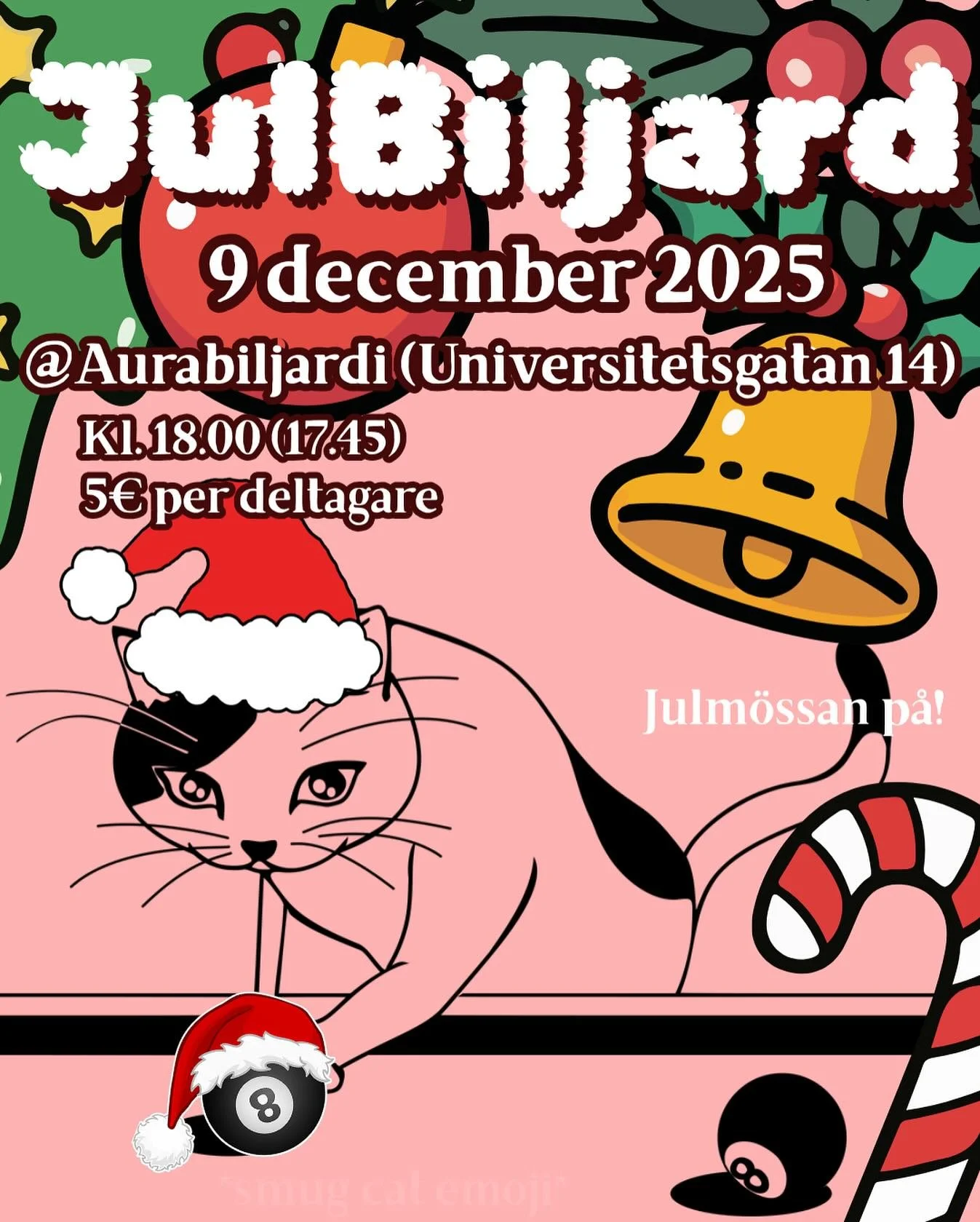 &Aring;sNor och v&auml;nner &ndash; det &auml;r dags f&ouml;r &aring;rets sista &Aring;snemang, och s&aring;klart k&ouml;r vi lite biljard :)

Intresseanm&auml;lan &auml;r redan &ouml;ppen:
https://asna.blankett.fi/form/ee4e6541-1059-44c6-ab13-6ababc