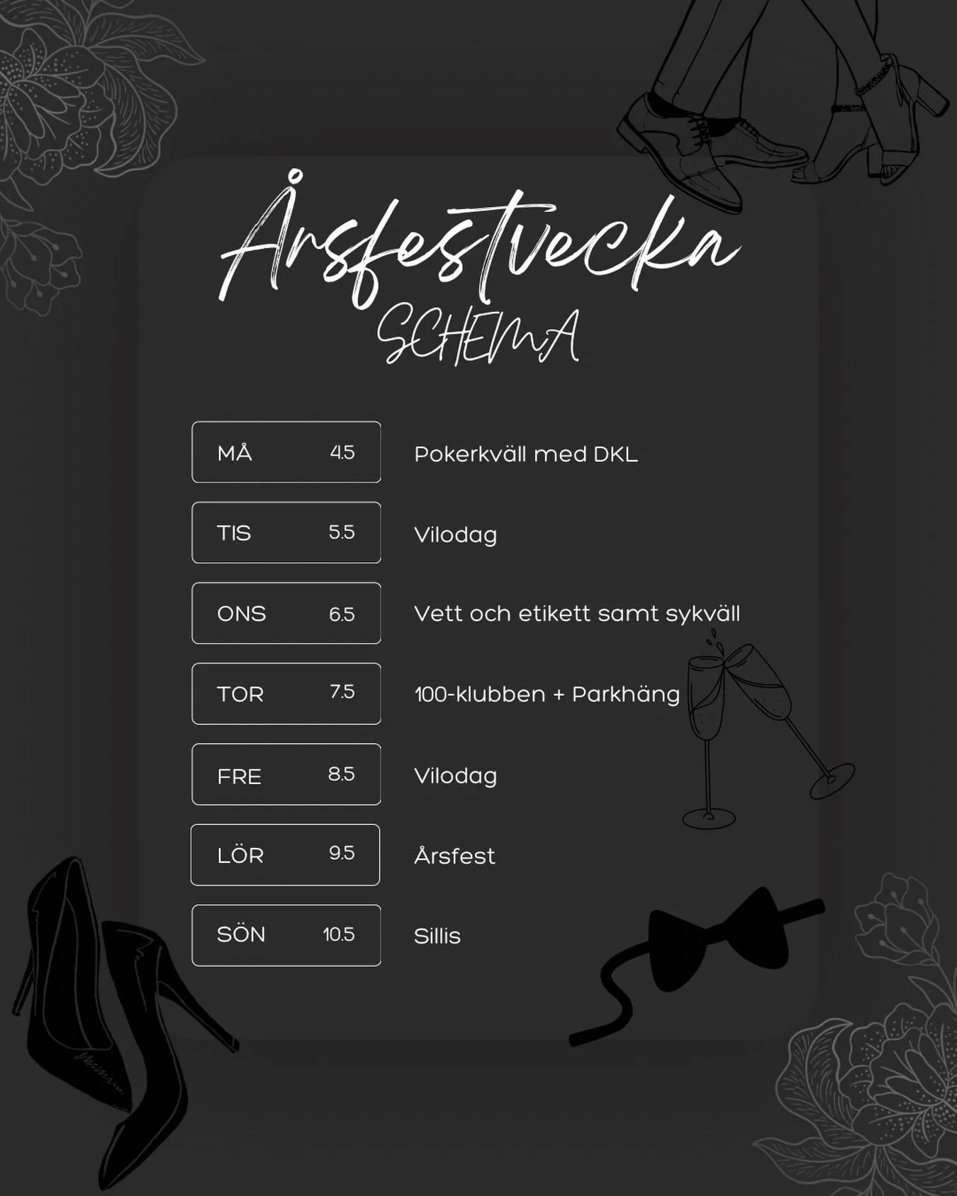 Efter vappen k&ouml;r v&aring;r &aring;rsfestvecka ig&aring;ng! 
H&auml;r &auml;r ett schema f&ouml;r evenemangen som ordnas!🥂
Mer info finns i inl&auml;ggen och highlights!