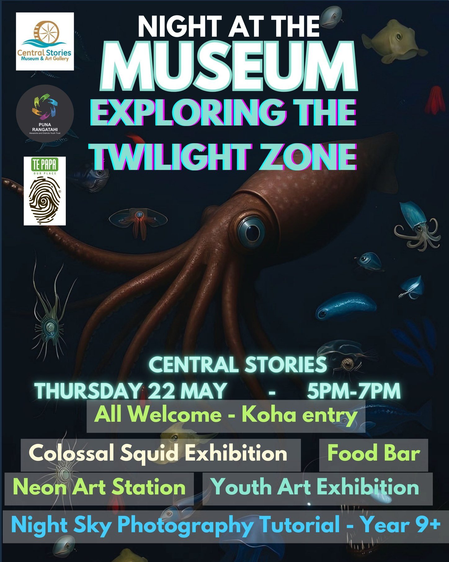 We've been planning something exciting in the background and collaborating with Central Stories on this awesome event!

On May the 22nd, Central Stories will be opening their doors at 5PM for a youth event, featuring the freaky colossal squid exhibit