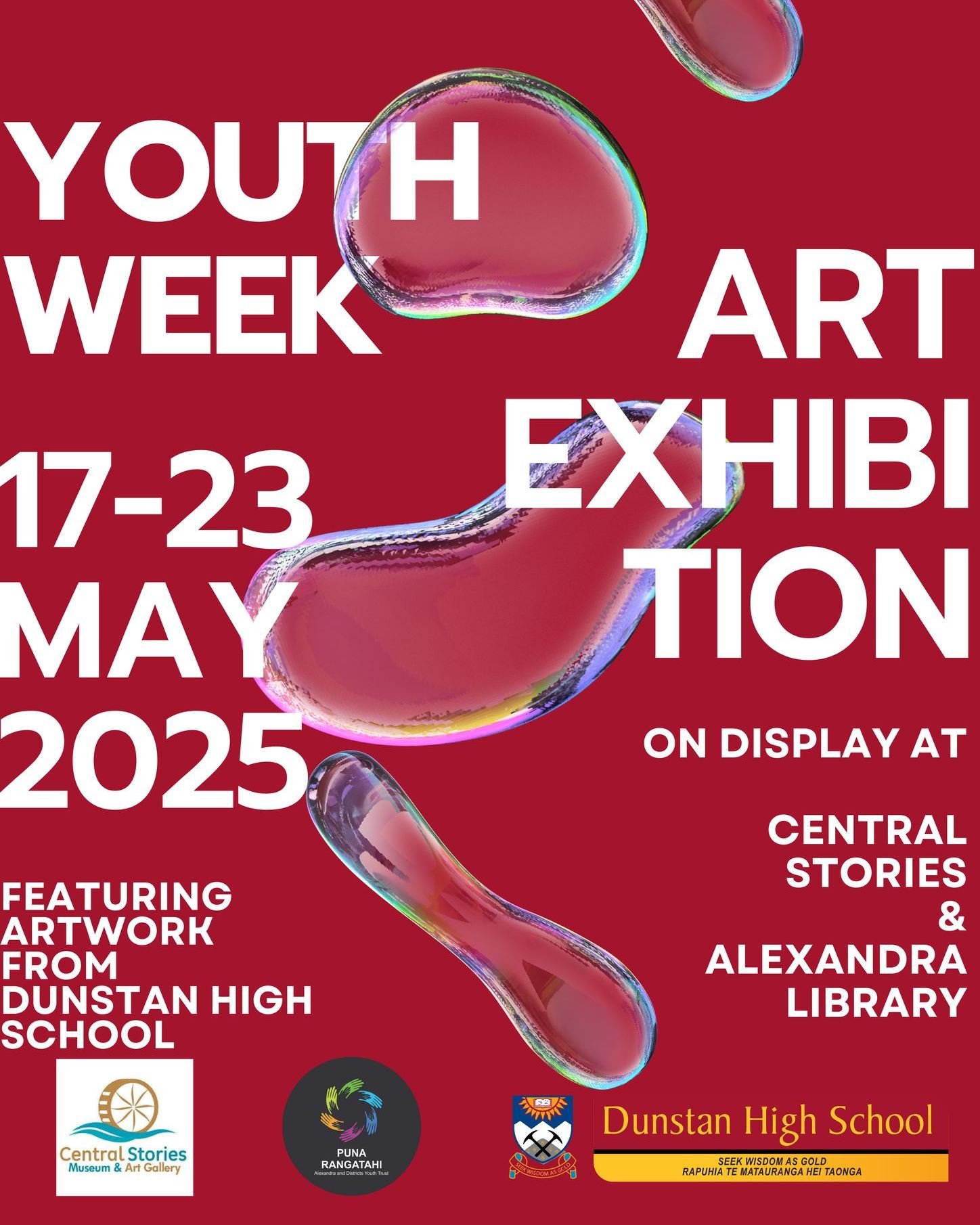 We are looking forward to being part of Youth Week this year by showcasing some of the awesome, natural talent of our youth in Alexandra!

We are collaborating with Dunstan High School, Central Stories and the Alexandra Library to bring together this