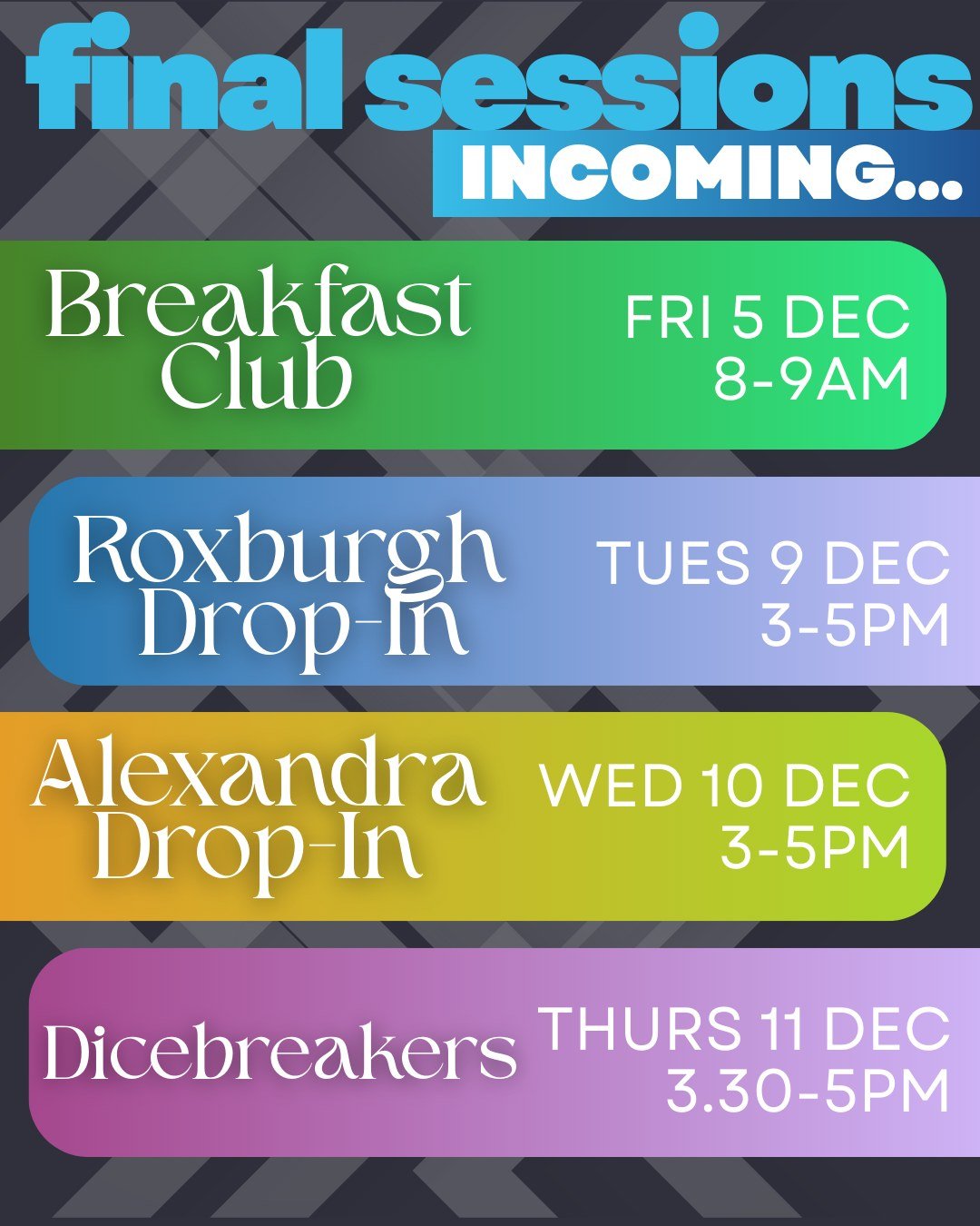 Let&rsquo;s wrap up 2025 together! 🎉 

Tomorrow is the last Breakfast Club at DHS 🍳 
Drop-Ins &amp; Dicebreakers finish next week. 

Come share one last laugh, game, or bite with us! 🤩