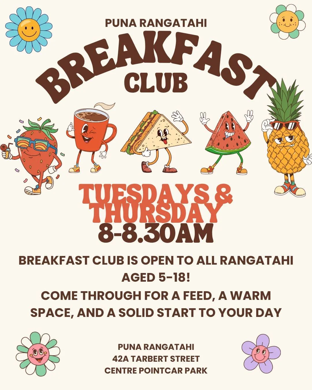 Breakfast Club is back and better than ever 🥝🍎🥞

Starting next week, in line with Youth Week 2026, we'll be running Breakfast Club from our office AND it's open to all tamariki and rangatahi aged 5-18 🤩

Come through for a relaxed, welcoming star