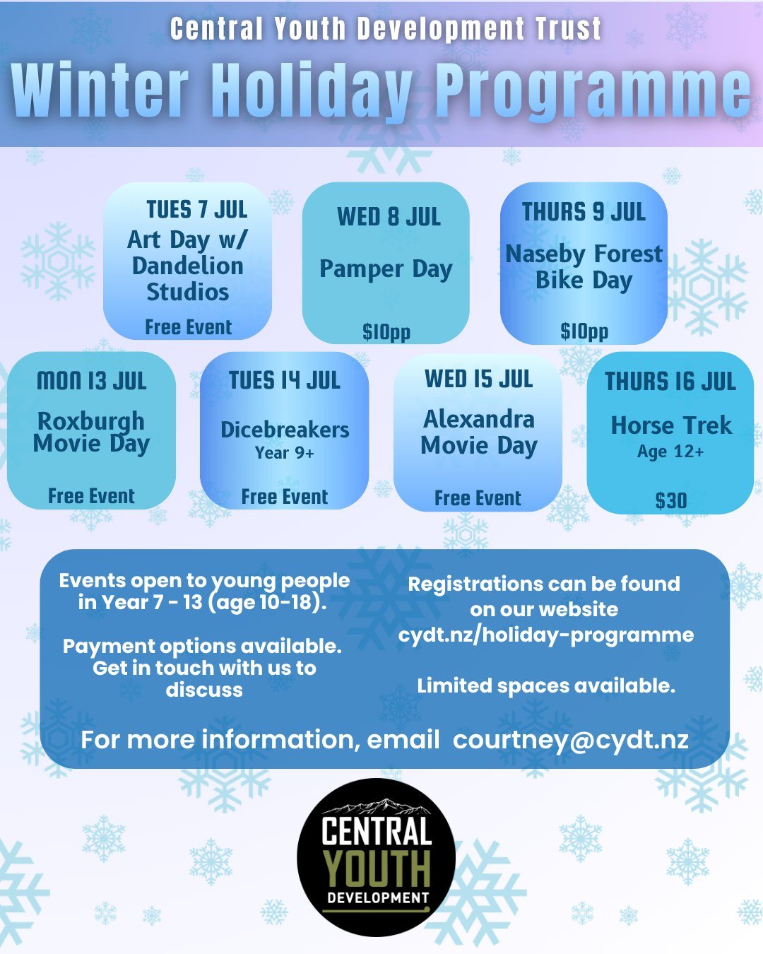 And just like that, it's nearly time for school holidays again 🤩

We've got you covered this holidays &ndash; arts, self-care, and adventure 🙌  Make sure to get in quick to secure your spot ☃️

Registrations are open on our website &ndash; cydt.nz/