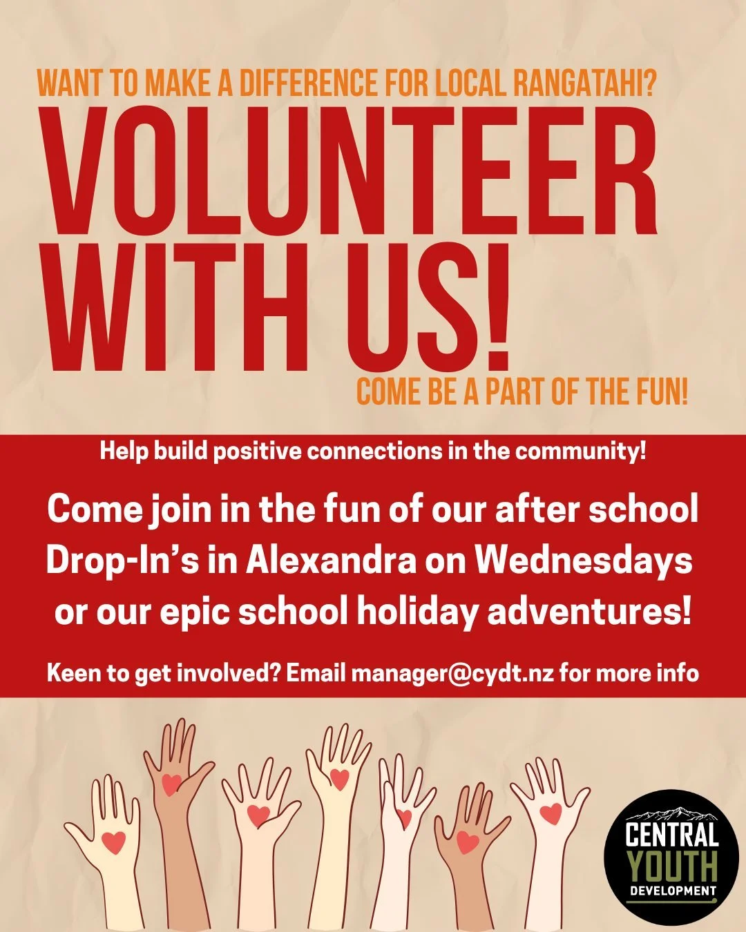 Keen to explore Youth Work? Got a skill to share with young people? Ready to make a real difference with our rangatahi? 🌟

We&rsquo;re looking for volunteers to join our weekly drop-in and school holiday programmes, helping create safe, fun, and sup