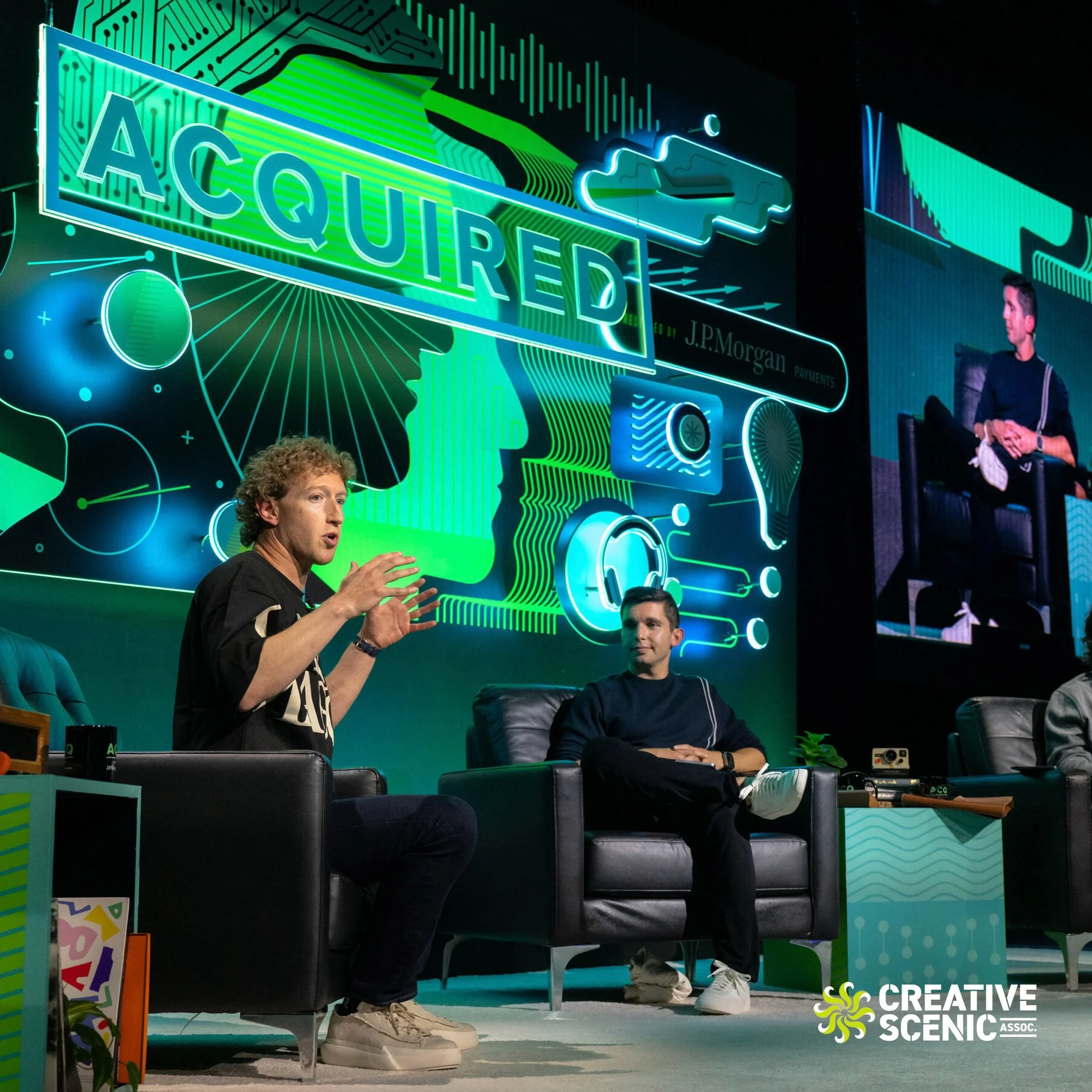 Acquired Podcast Live at the Chase Center in San Francisco, Sept 2024. We built an elaborate upstage scenic wall for Spiro: twenty layers of lit elements, assembled and working in five hours flat. Mark Zuckerberg showed up too. He gave us a 👍

#Crea