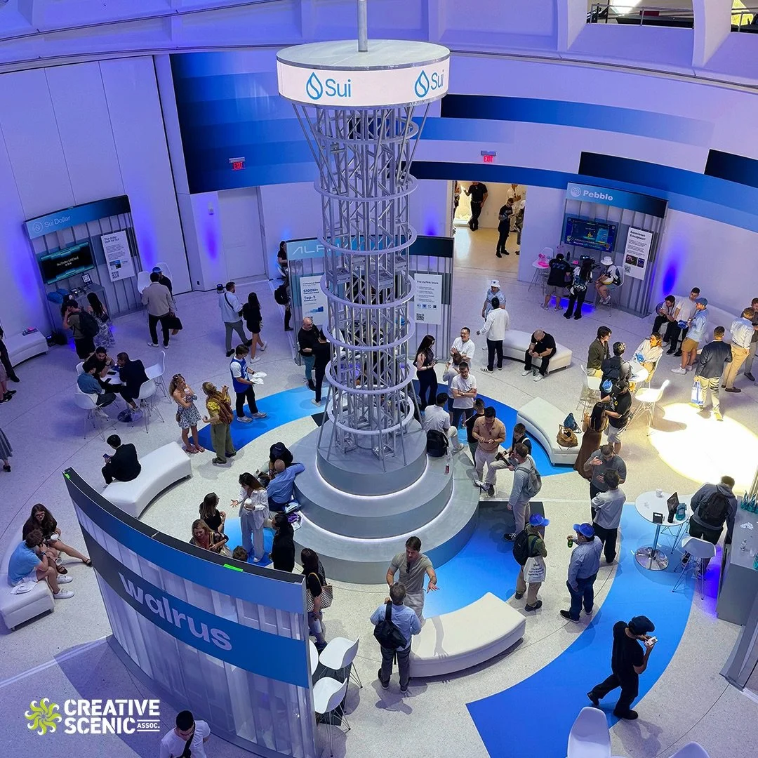 Sui from Miami, live from the Faena Forum in May. Welcome party, the expo, exterior branding, the general session, plus a tower pushing 30 feet and a set of dimensional letters big enough to be a logistics problem. One-off builds always find a way to