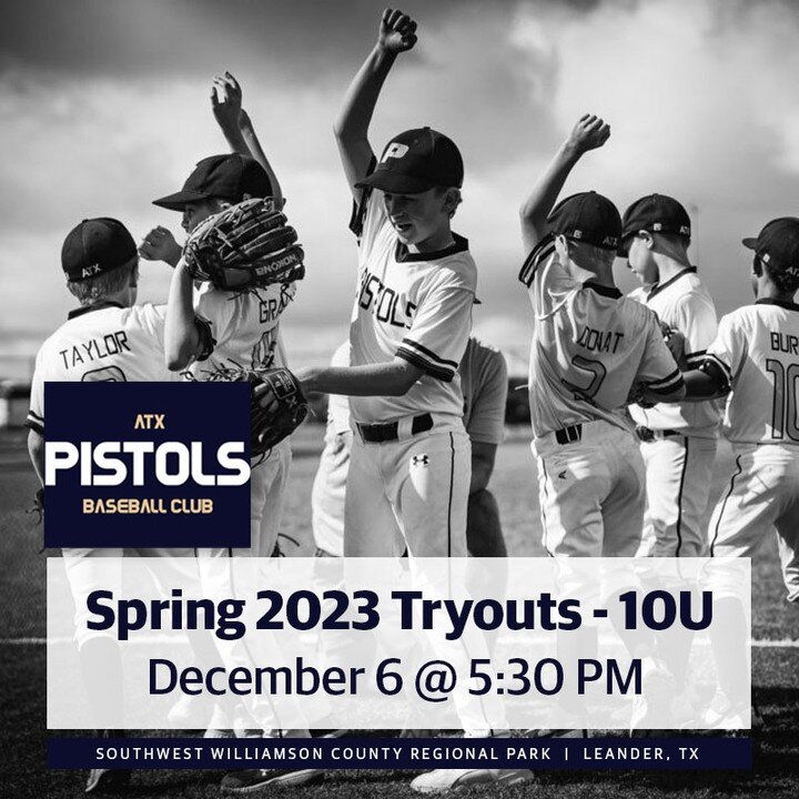 The ATX Pistols North will be hosting open tryouts for our Spring 2023 season on December 6 starting at 5:30 PM. We are a highly competitive team that will play 10 spring tournaments starting at the 10U AA level but moving to AAA by the end of the se