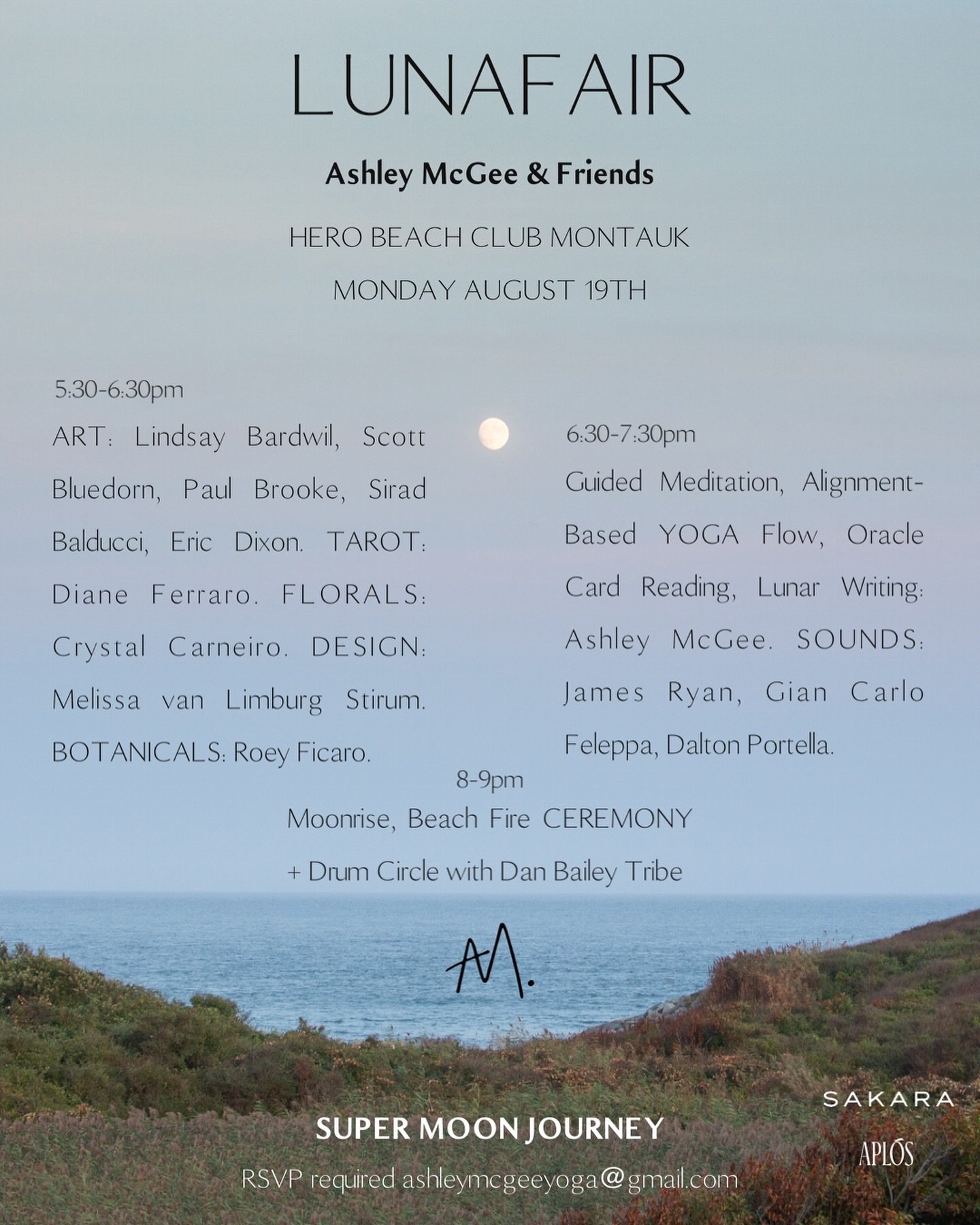 🌕LUNAFAIR 2024💫
with Ashley McGee &amp; Friends
@herobeachclub Montauk 
Monday August 19th, 5:30-9pm

SUPER MOON journey through meditation, movement, sounds, art, design, botanicals, tarot, fire ceremony, drum circle, lunar rituals, and more.

✨ 5