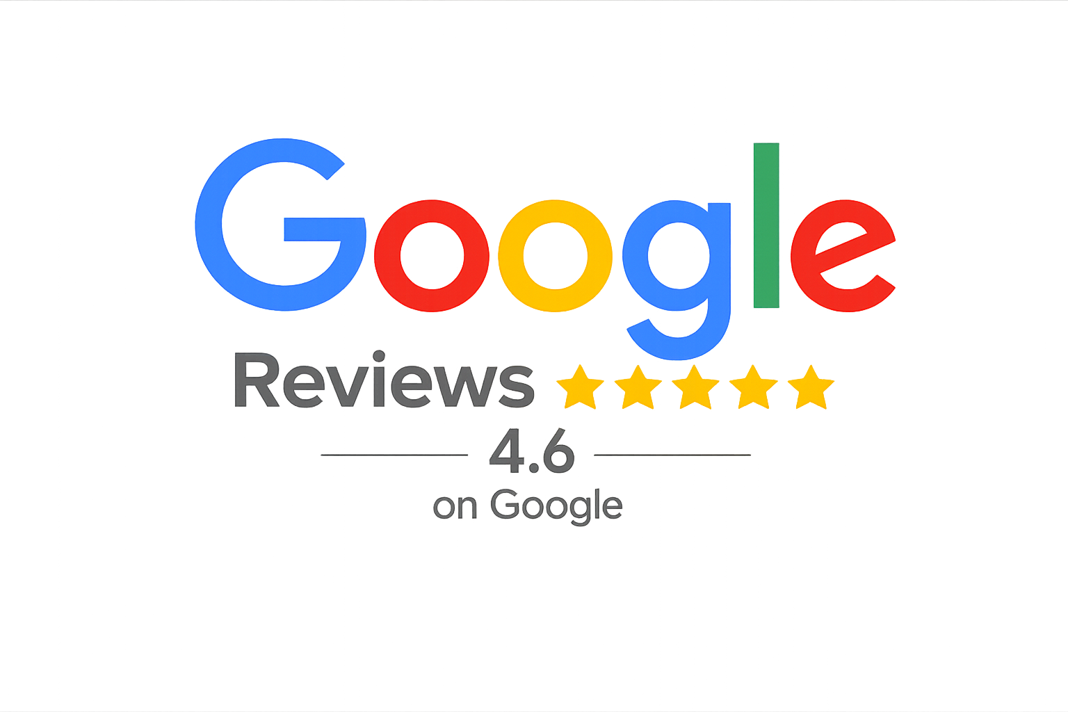 Google logo with neon effect, beneath it the word 'Reviews' and a rating of 4.6 stars out of 5, with the stars highlighted in yellow.