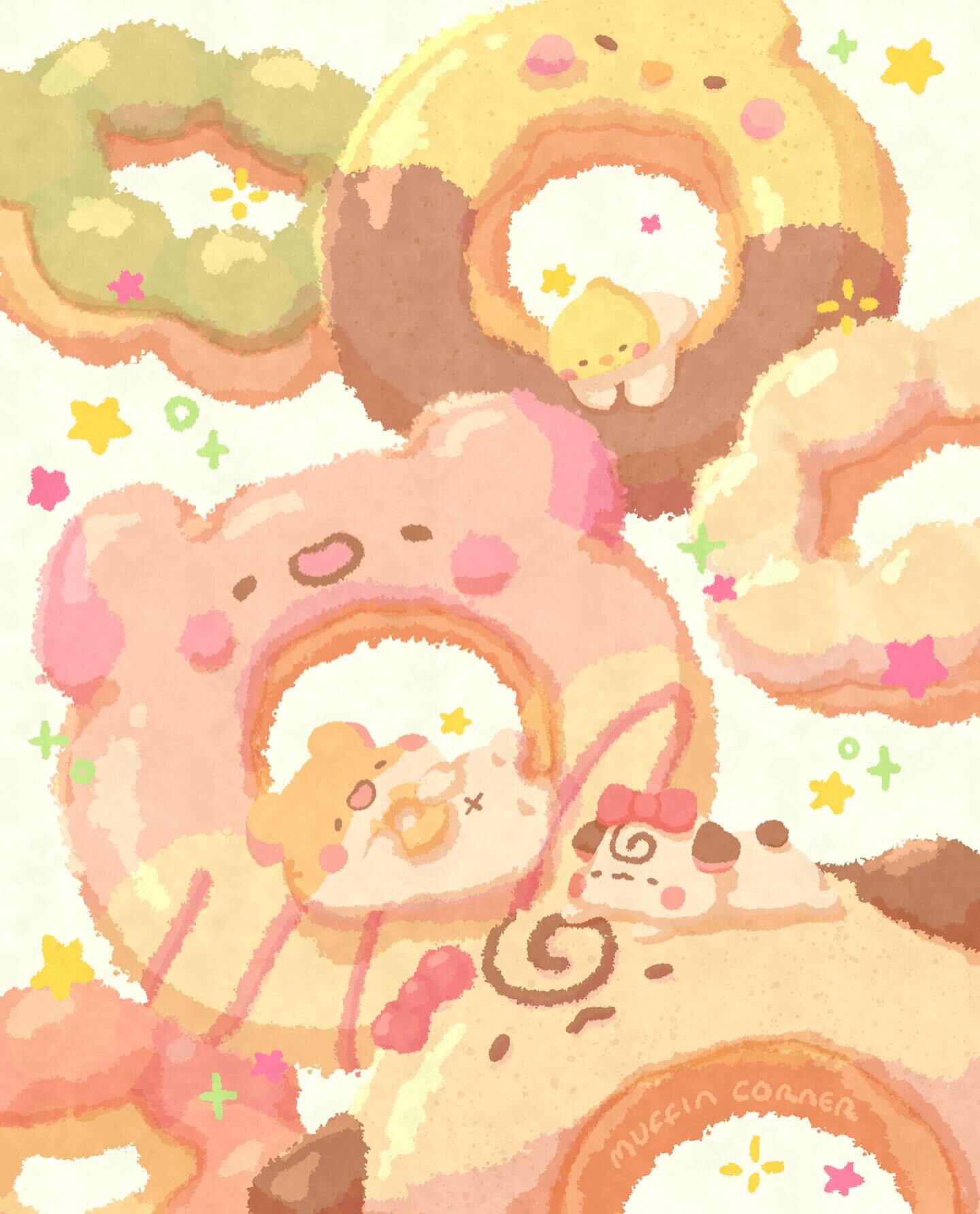 [Free Wallpaper] Muffinmaru and friends are taking a donut break!🍩✨ What&rsquo;s your favorite kind of donut? 

This illustration is available as a free wallpaper~ Please go to our bi0 -&gt; App Icons/Wallpapers if you would like a copy🧡
 
 
 

#do