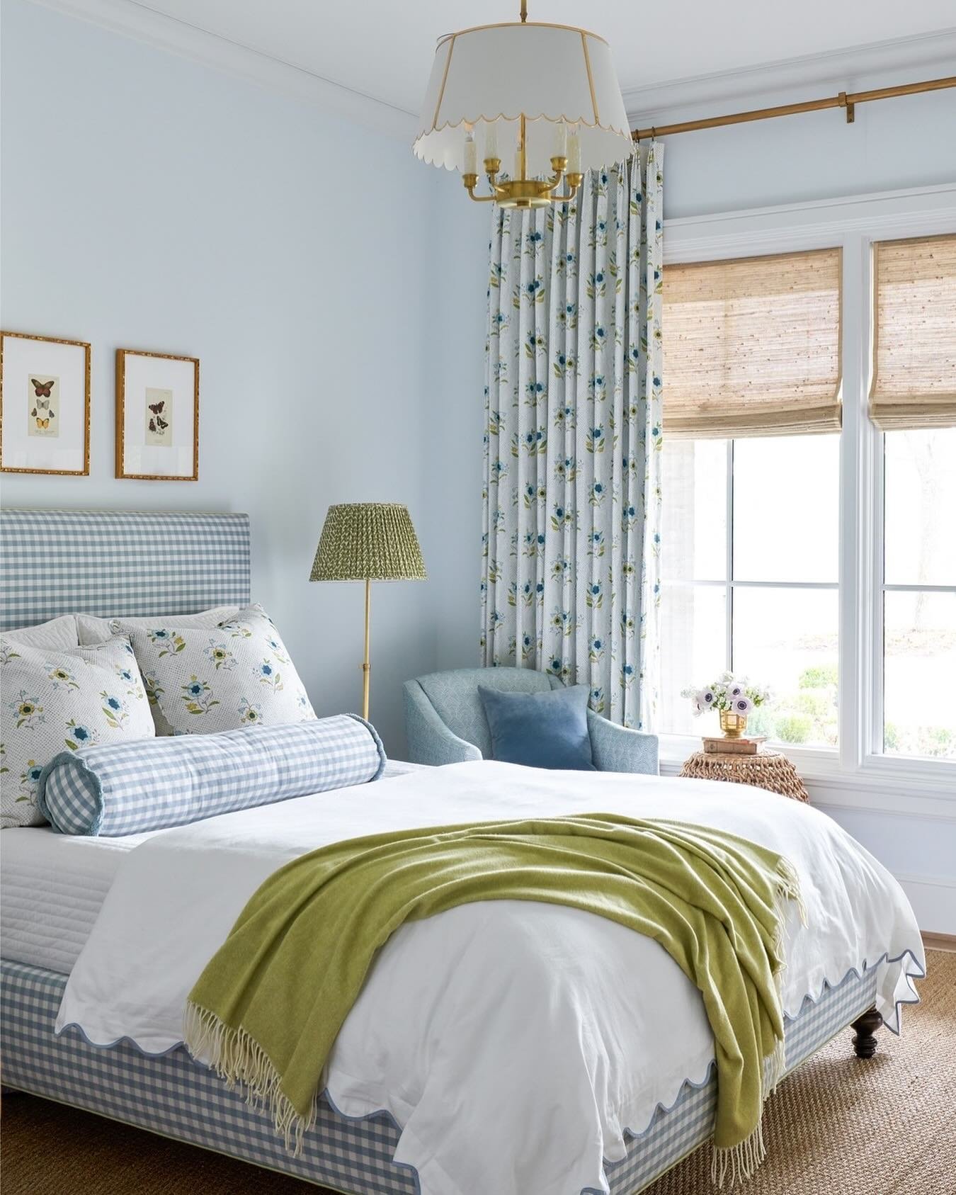 Color wizard Katie Davis sounds off about Farrow &amp; Ball paint on @homesandgardensofficial. 🖌 This bedroom is swathed @farrowandballl&rsquo;s Borrowed Light - a go-to soft blue that&rsquo;s &ldquo;calm and classic,&rdquo; and &ldquo;adds a pop bu